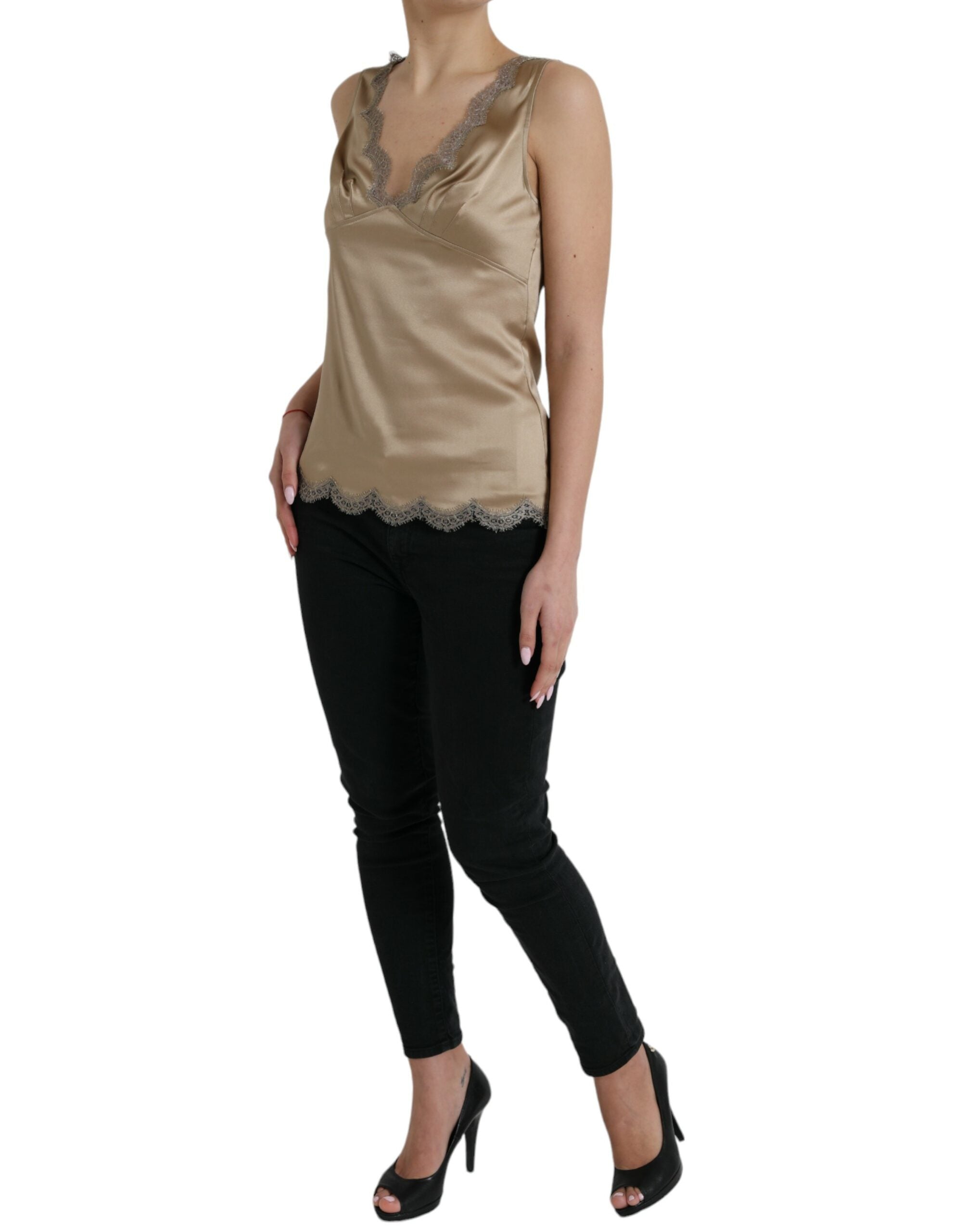 Bruine tanktop met V-hals en kantversiering