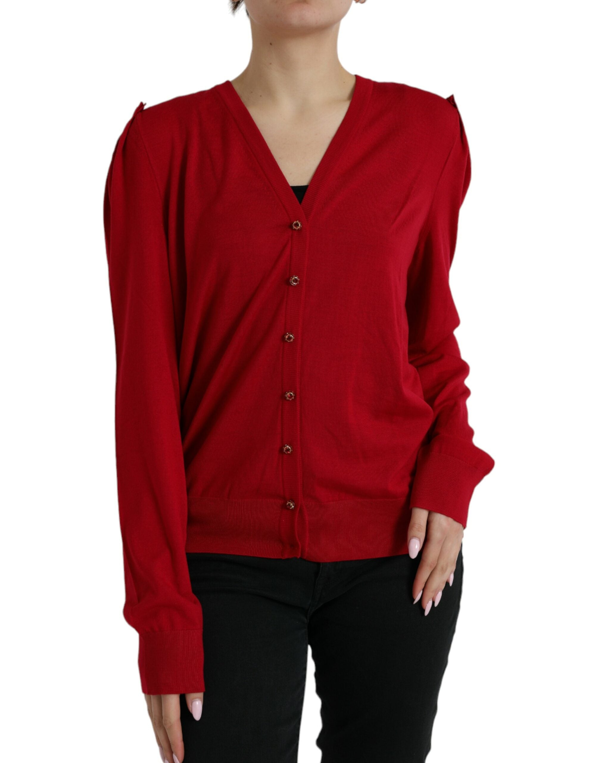 Rode wollen V-hals geknoopte cardigan trui