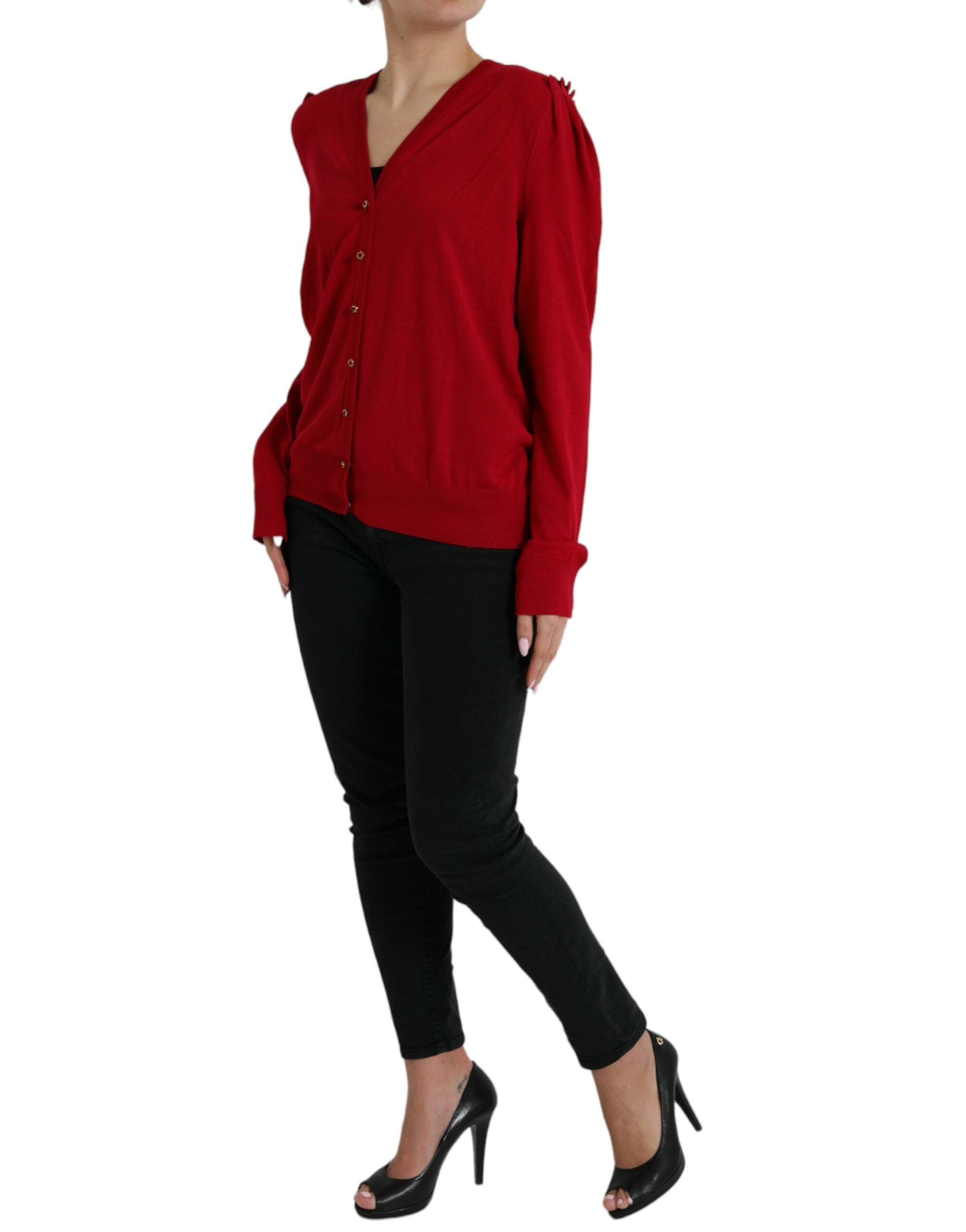 Rode wollen V-hals geknoopte cardigan trui