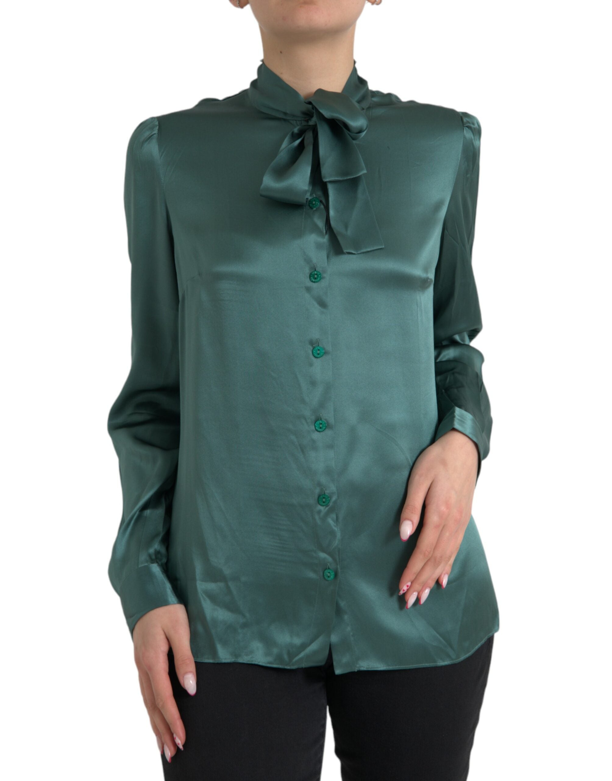 Donkergroene zijden Ascot kraag blouse top