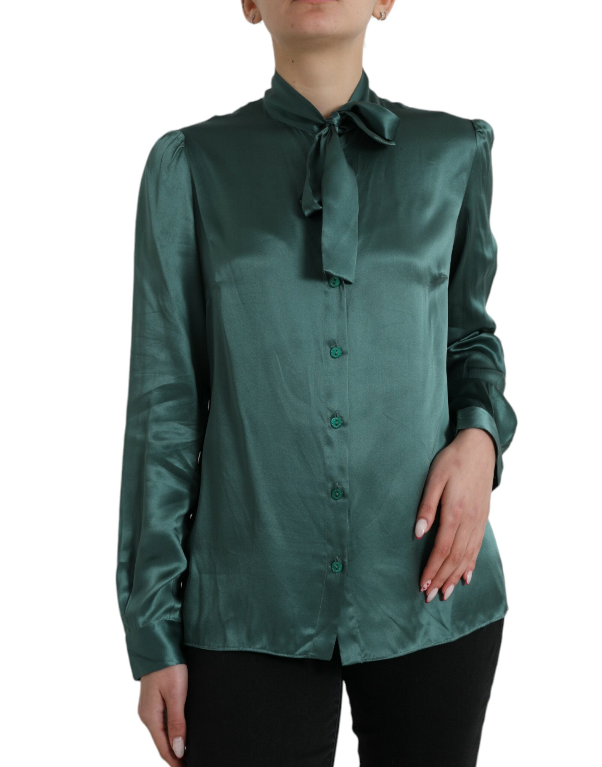 Donkergroene zijden Ascot kraag blouse top