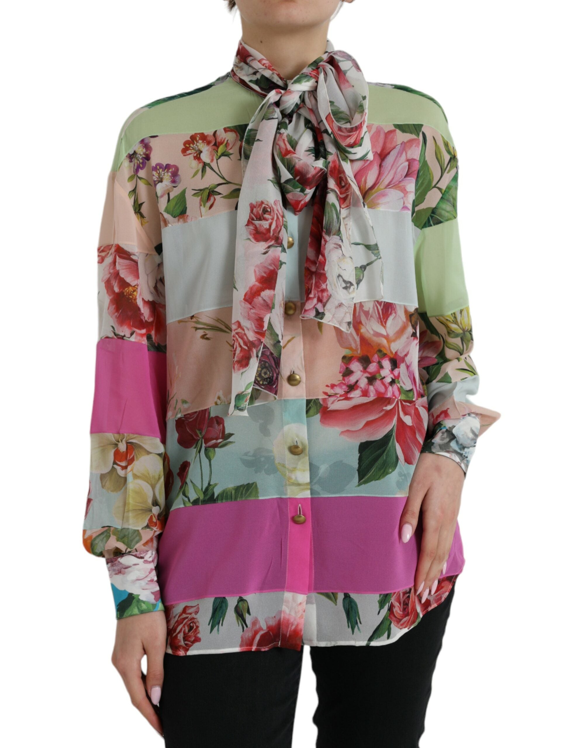 Veelkleurige bloemenpatchwork Ascot kraag top
