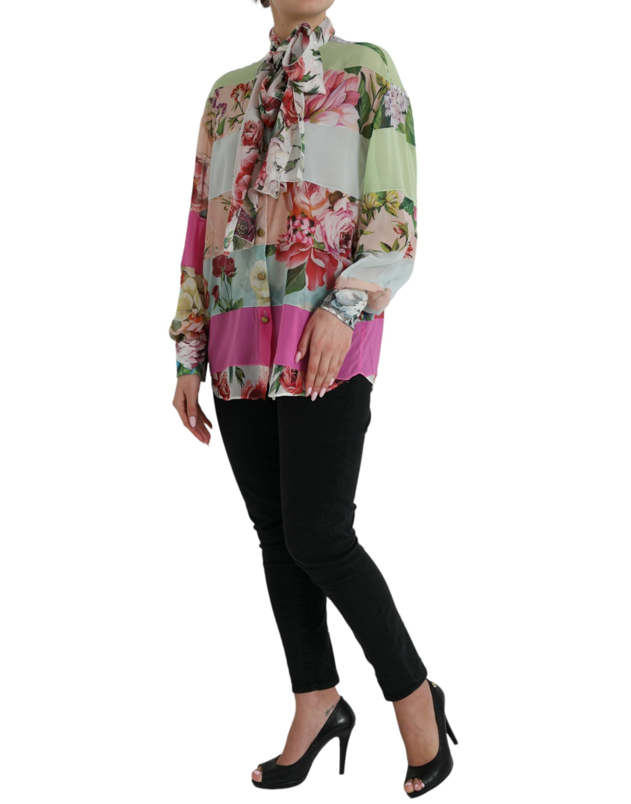 Veelkleurige bloemenpatchwork Ascot kraag top