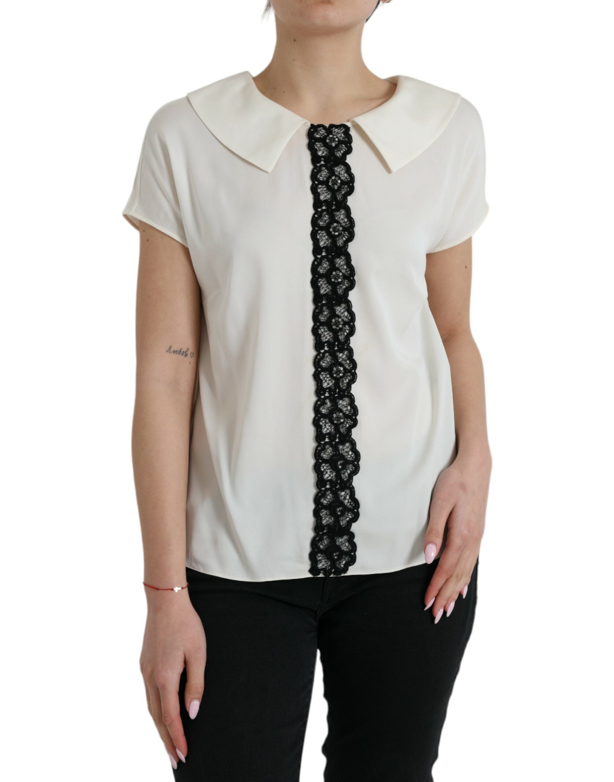 Off White Zijden Top met Kanten Rand en Korte Mouwen