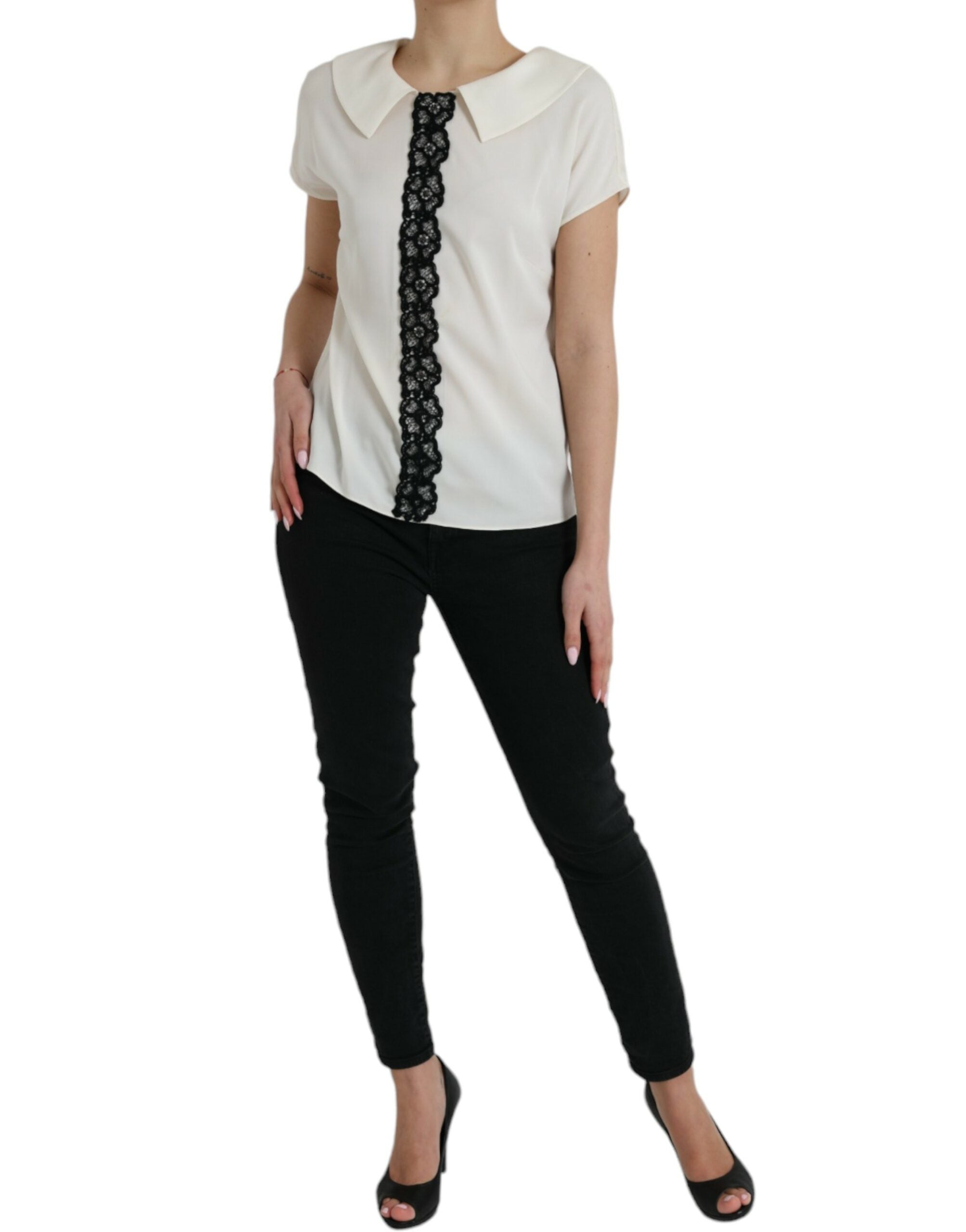 Off White Zijden Top met Kanten Rand en Korte Mouwen