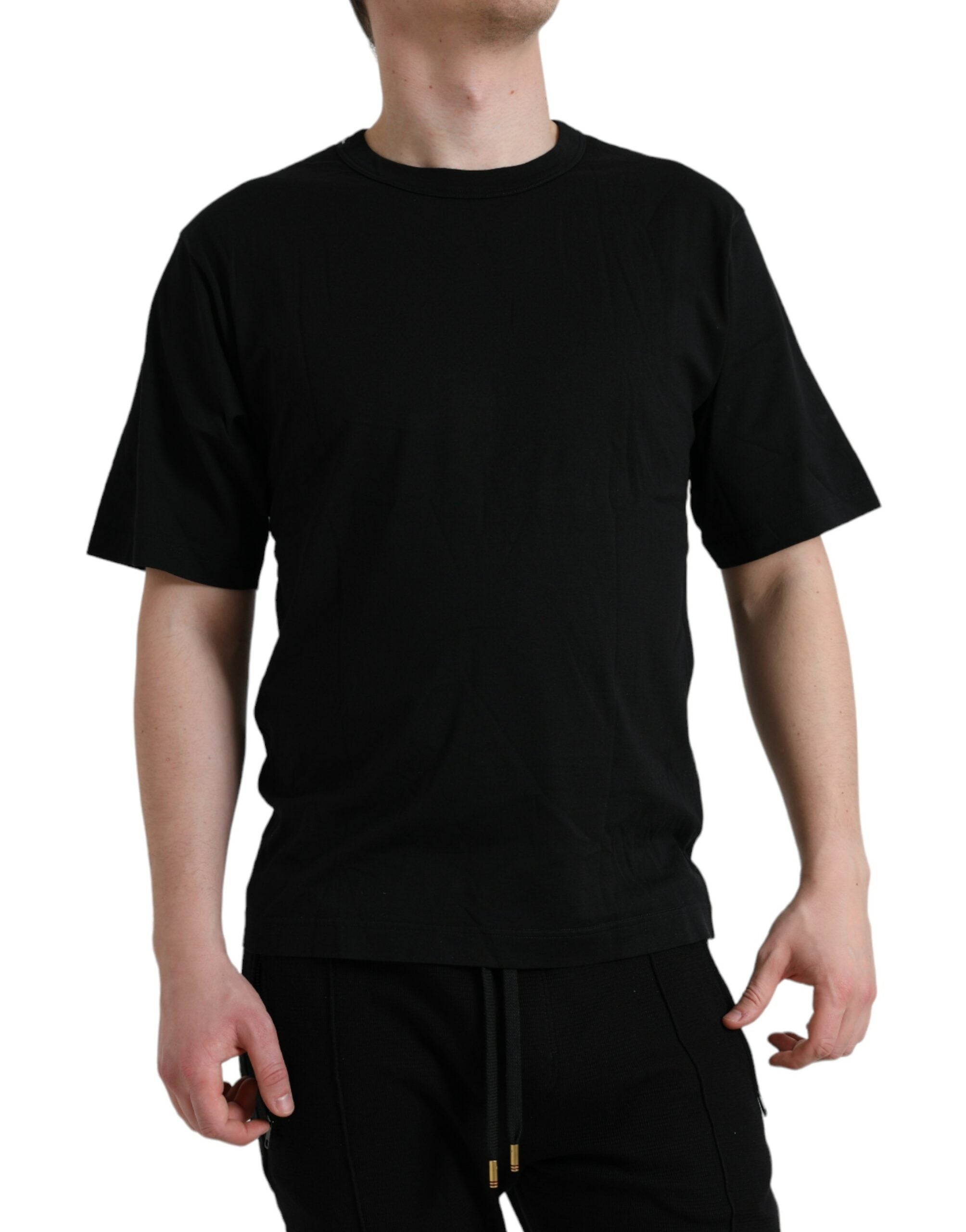 Zwart T-shirt met ronde hals en korte mouwen en logo-reliëf