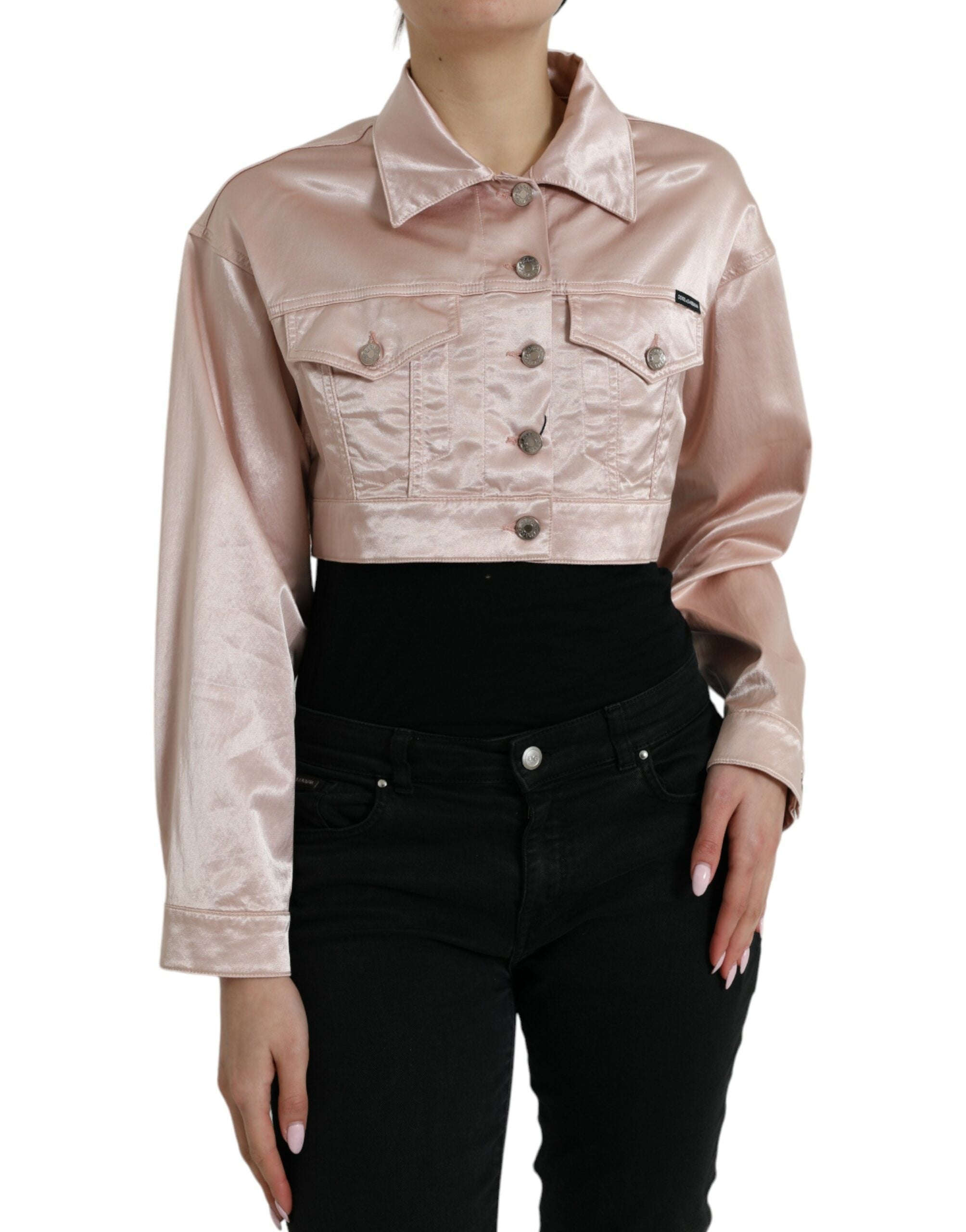Roze katoenen stretch cropped jasje met kraag