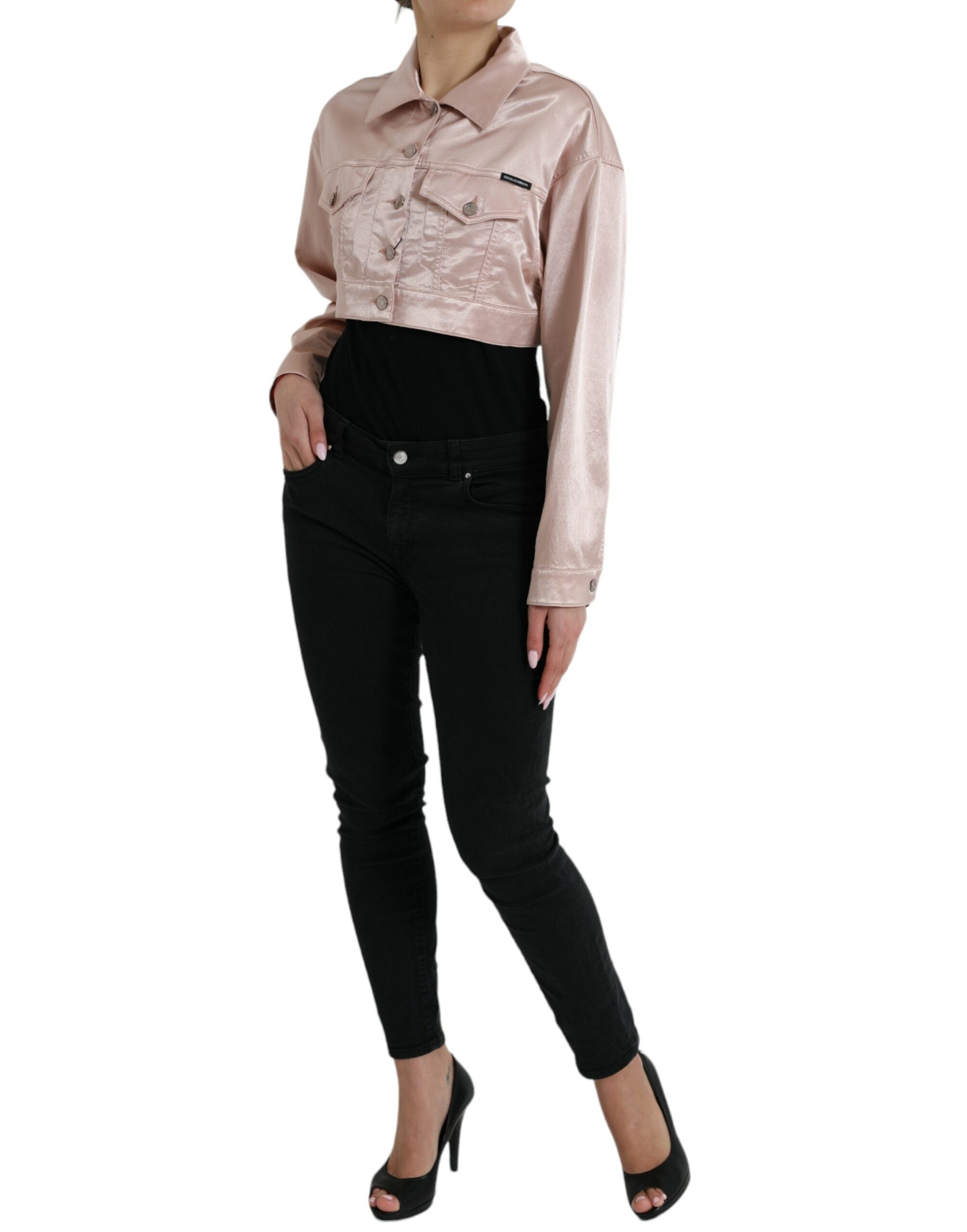 Roze katoenen stretch cropped jasje met kraag
