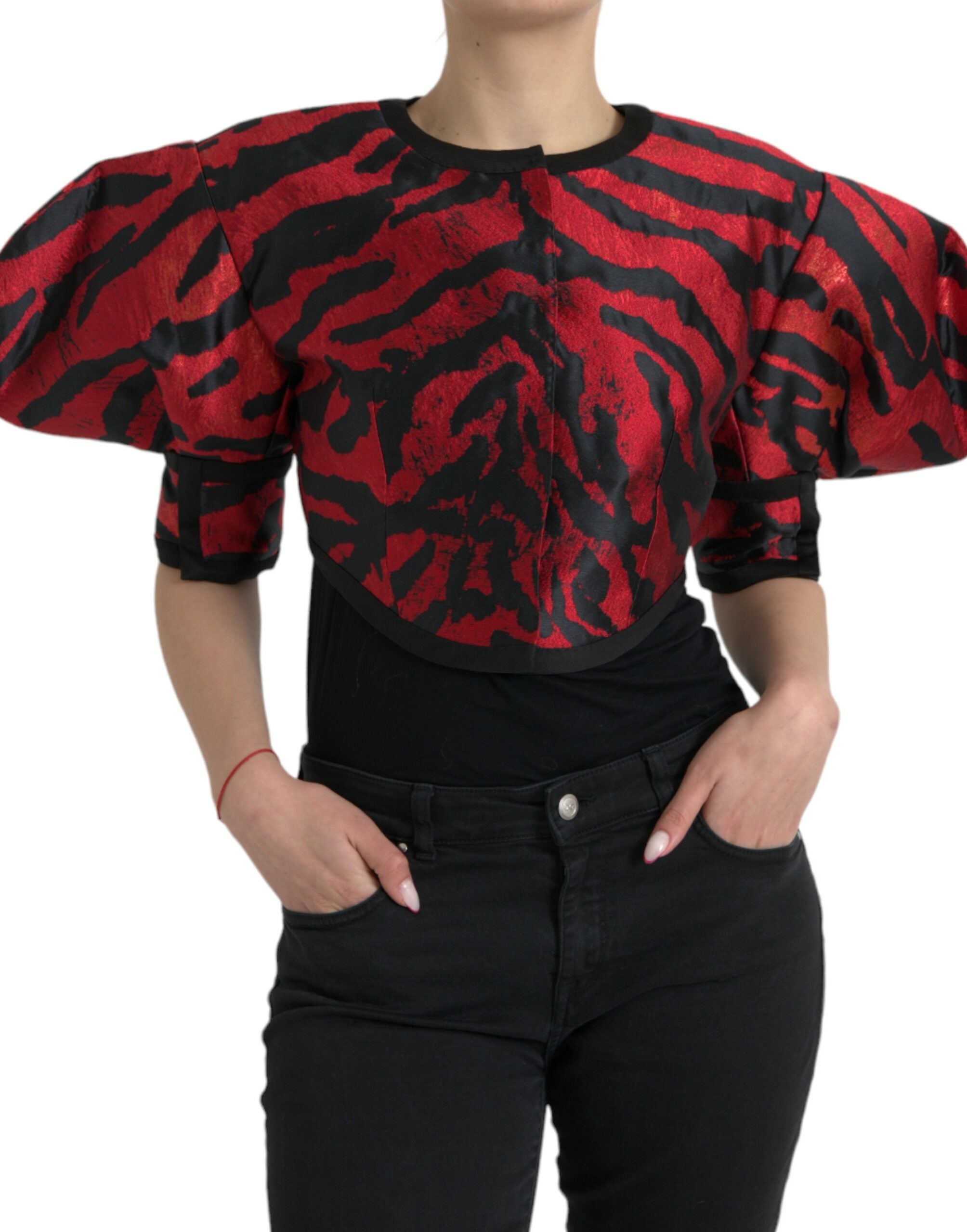 Zwart-rood gebloemd cropped jasje