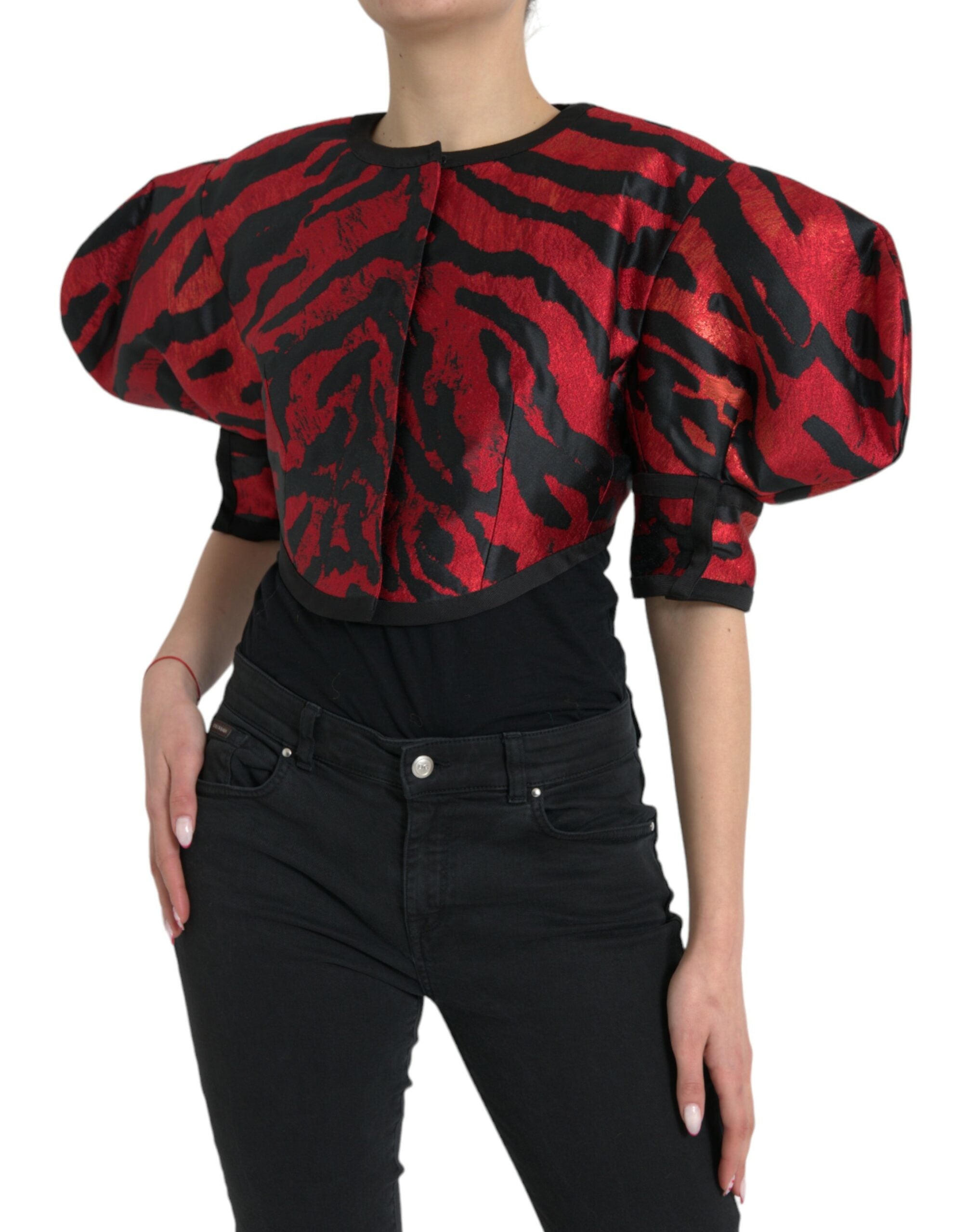 Zwart-rood gebloemd cropped jasje
