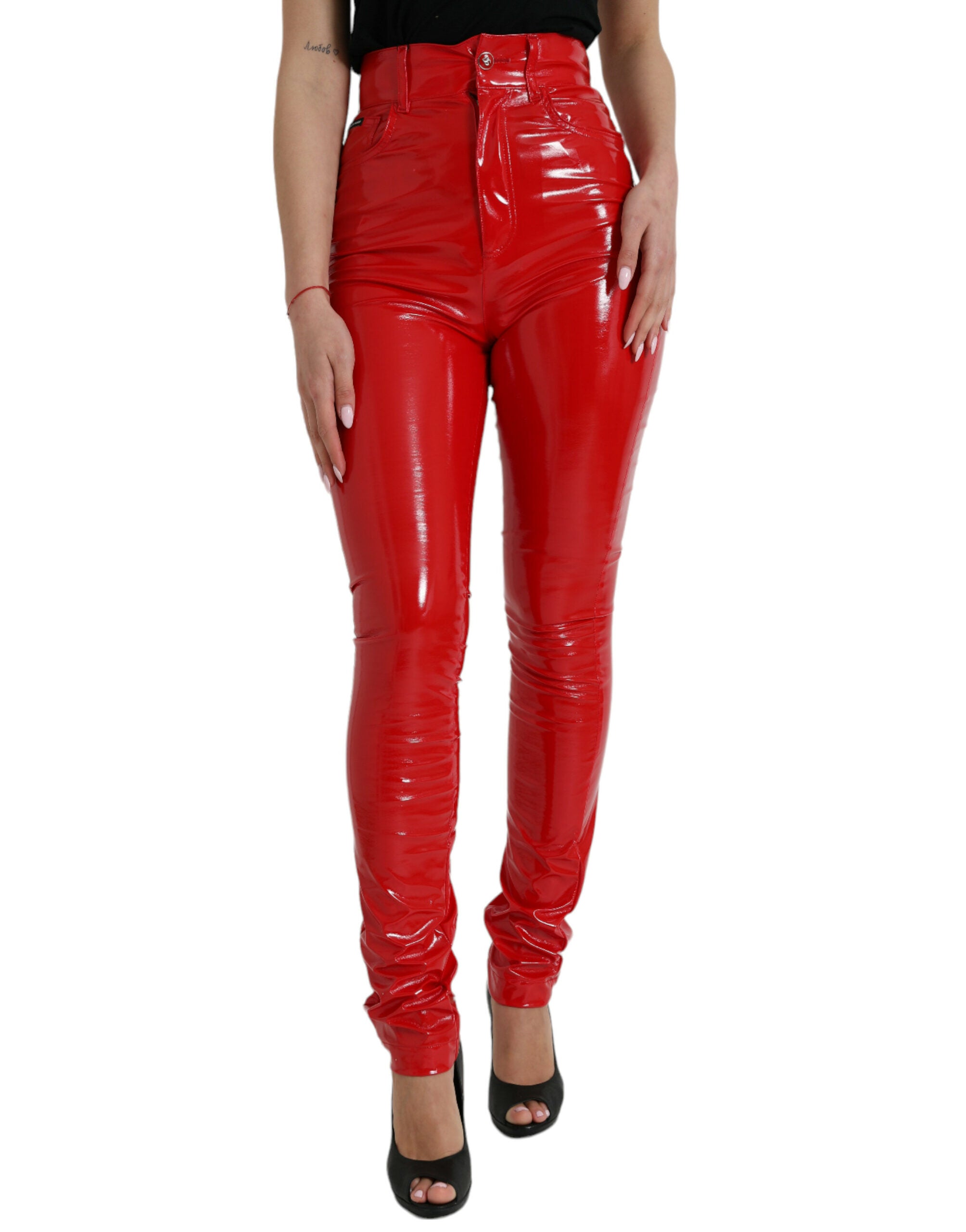Glanzende rode skinny broek met hoge taille