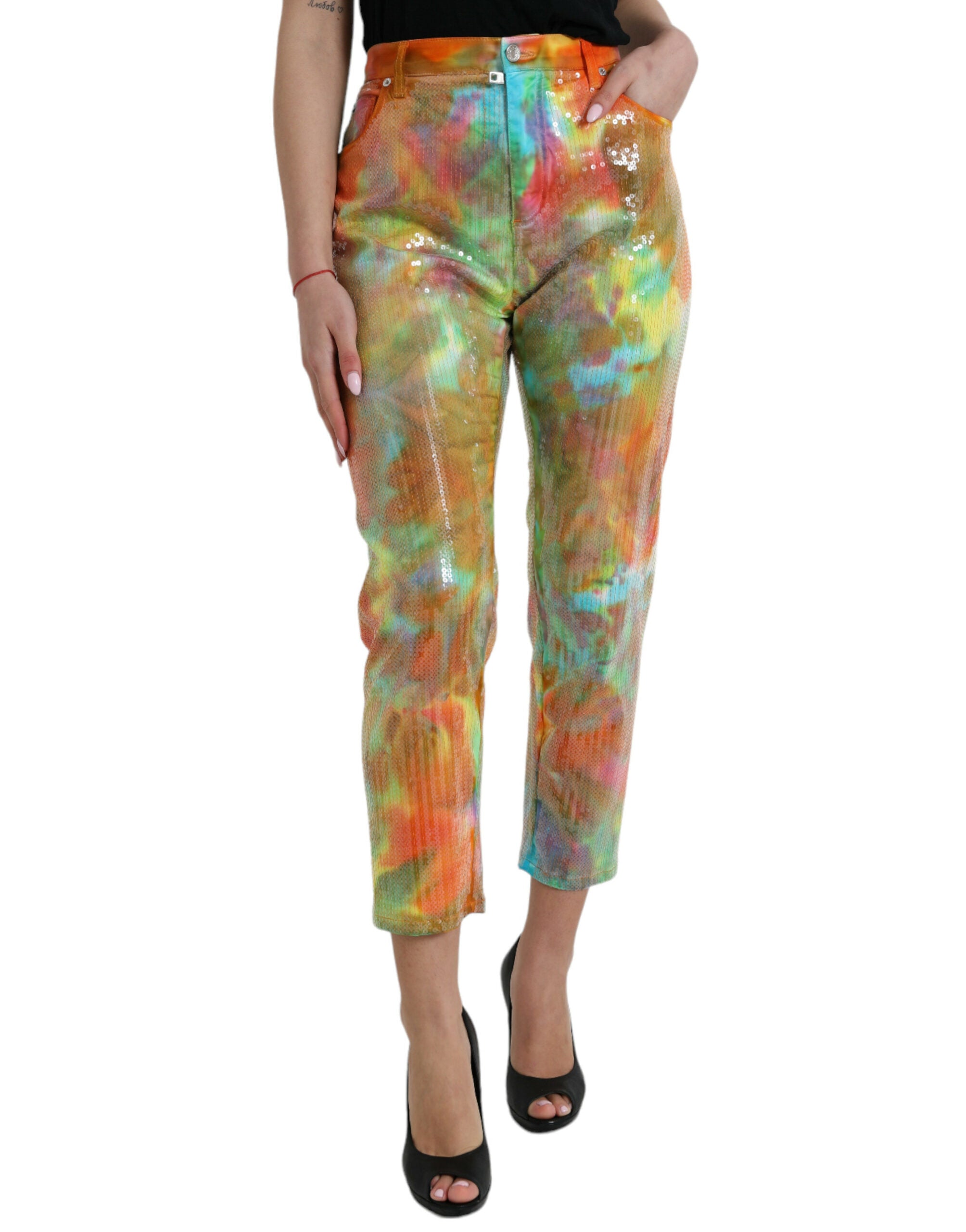 Multicolor Tie Dye Pailletten Hoge Taille Cropped Broek