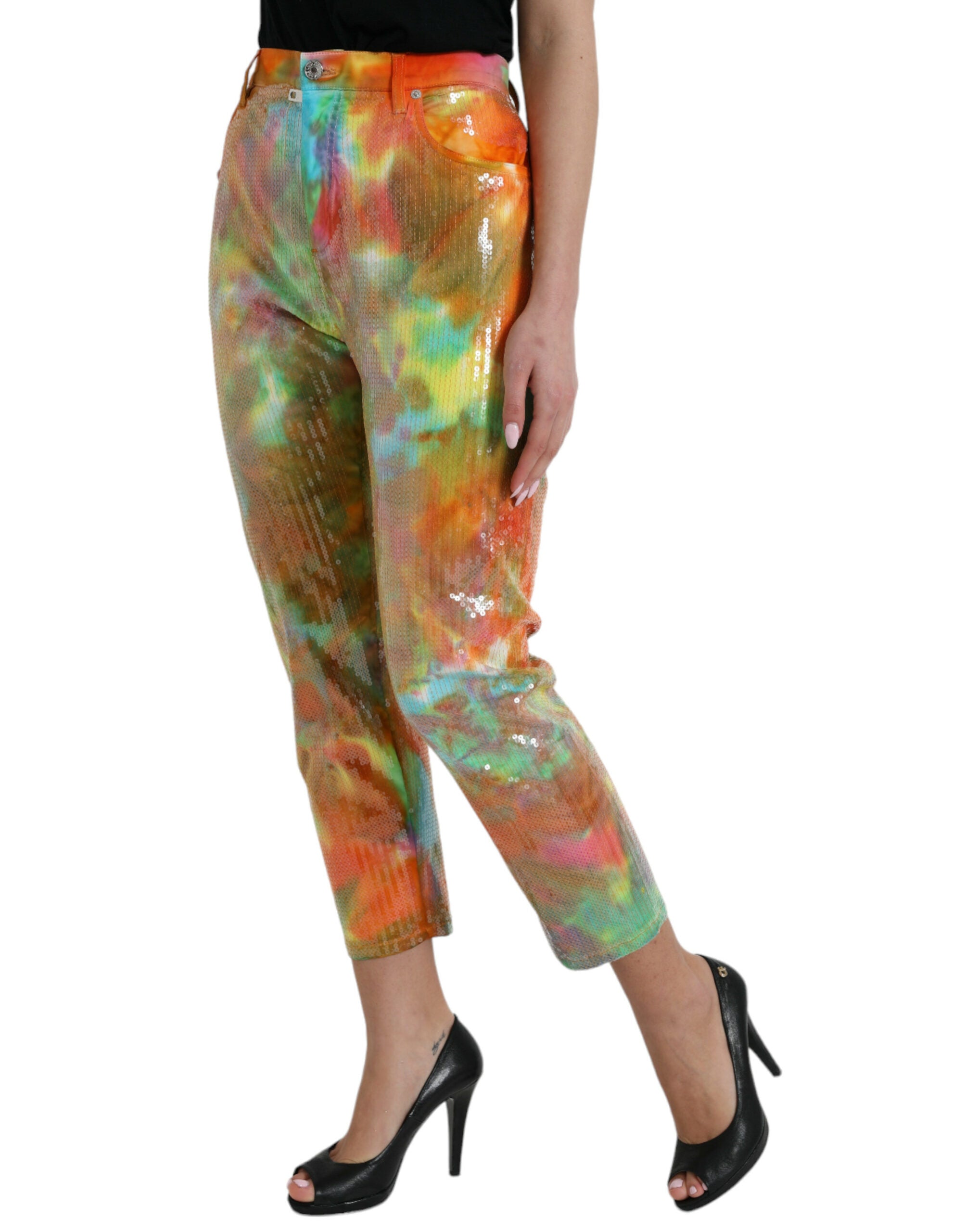 Multicolor Tie Dye Pailletten Hoge Taille Cropped Broek