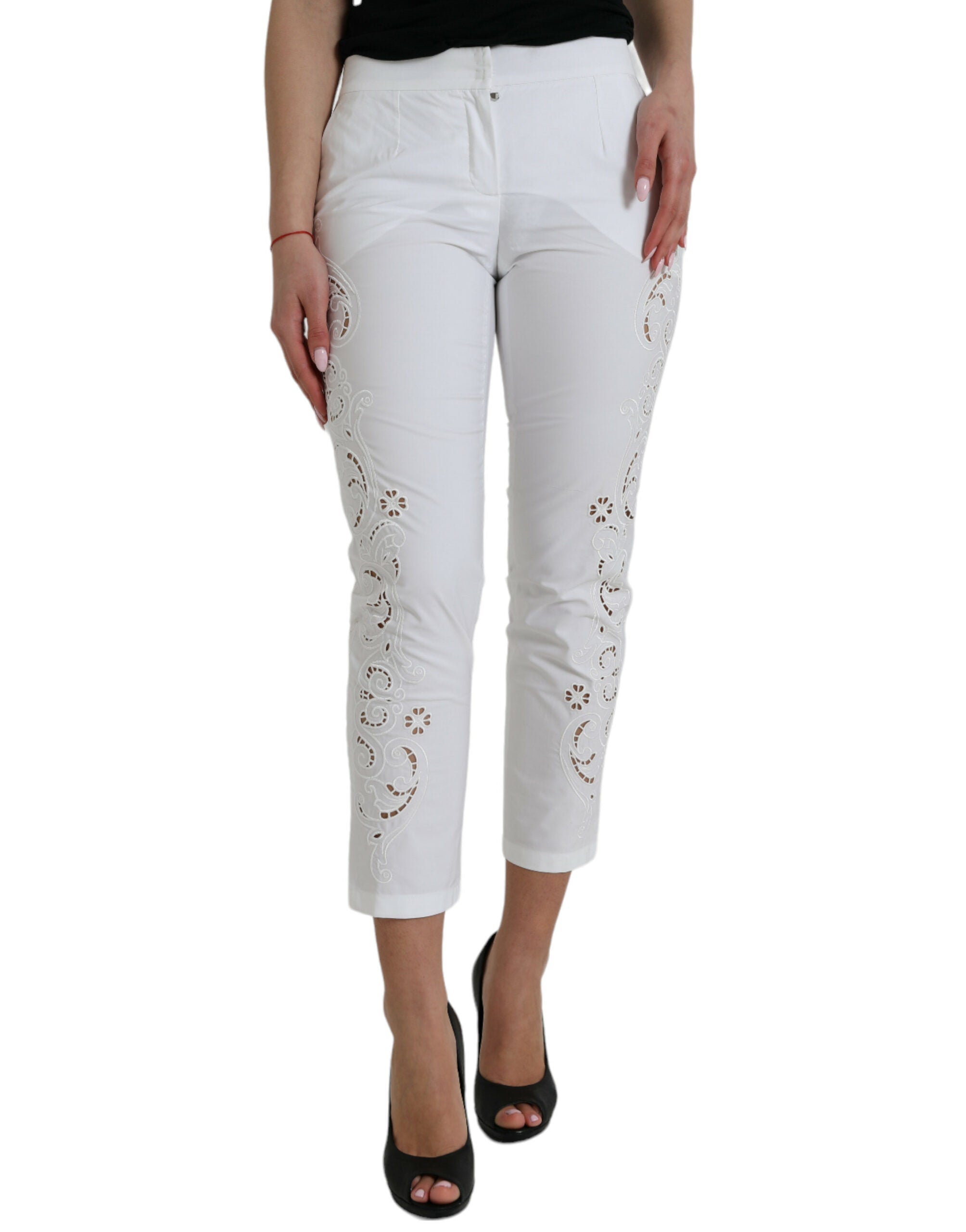 Witte katoenen cropped broek met uitgesneden taille en middelhoge taille