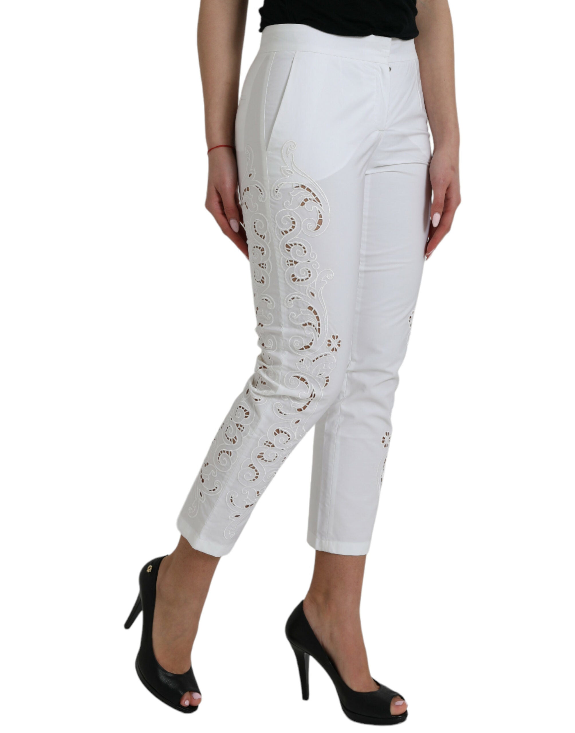 Witte katoenen cropped broek met uitgesneden taille en middelhoge taille