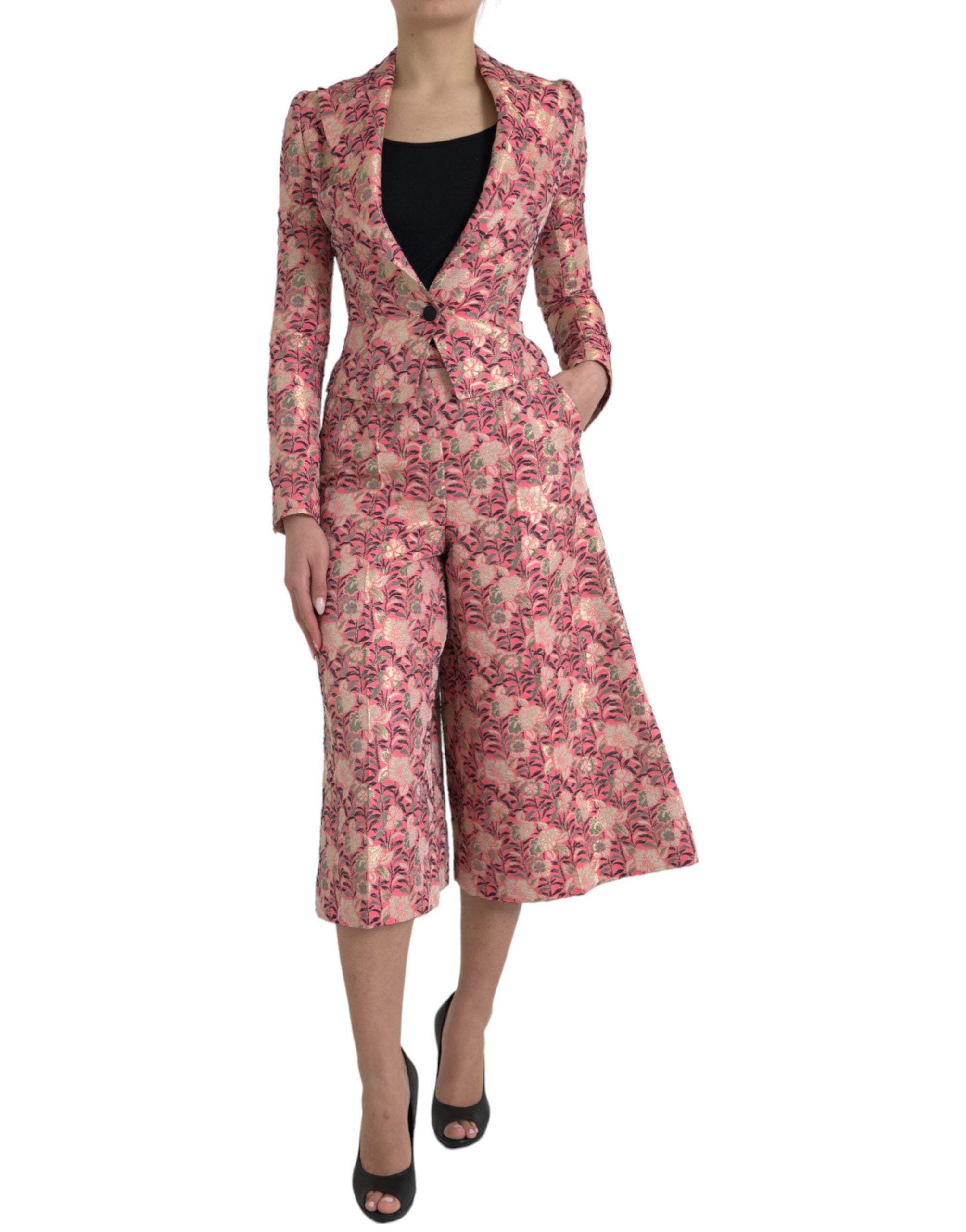 Roze bloemenjacquard slim fit tweedelig pak