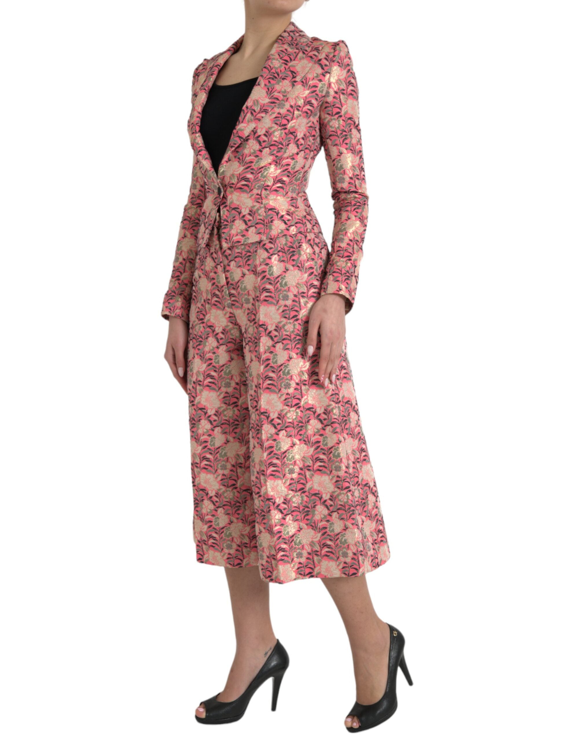 Roze bloemenjacquard slim fit tweedelig pak