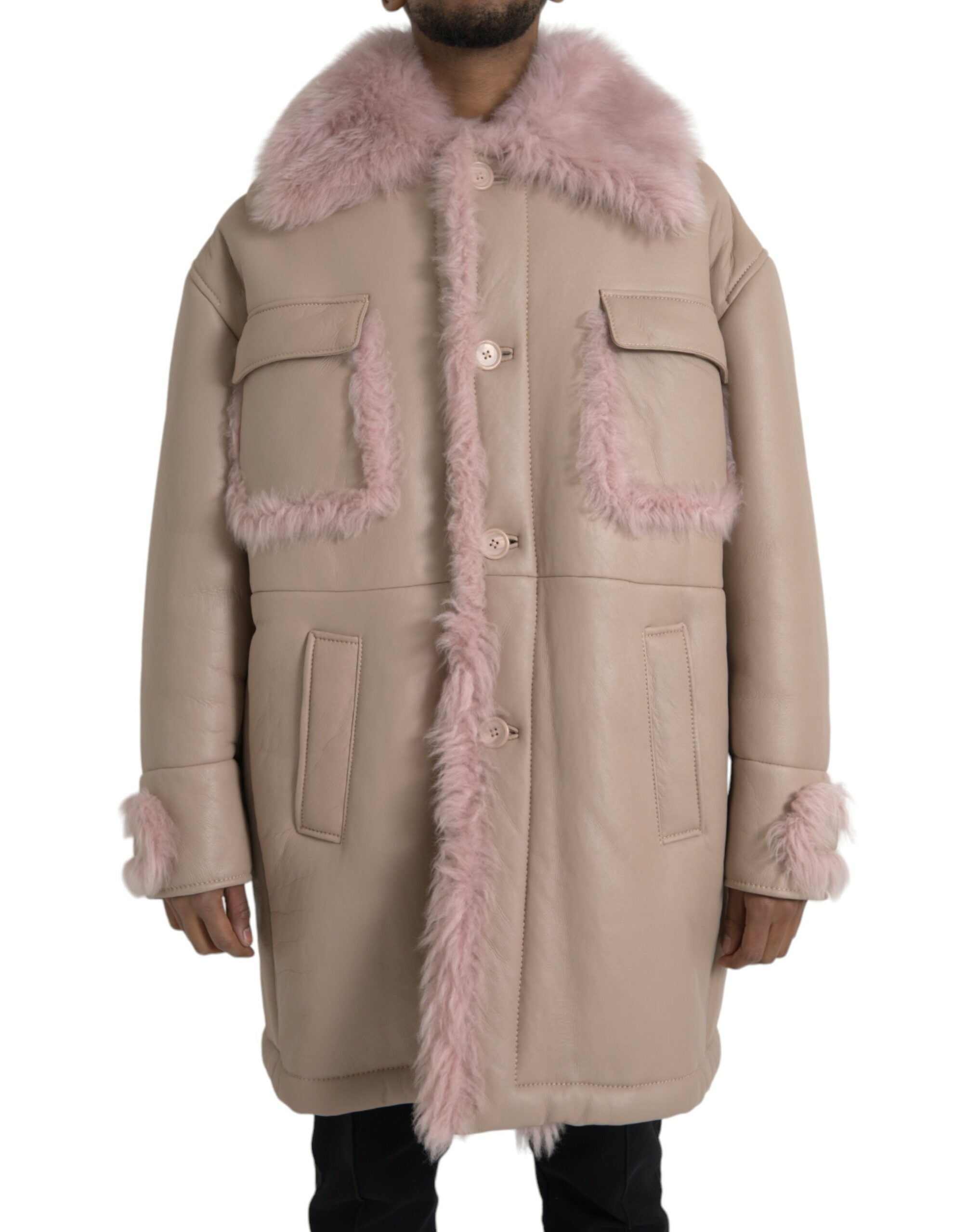 Beige roze lamsleren schapenvachtjas
