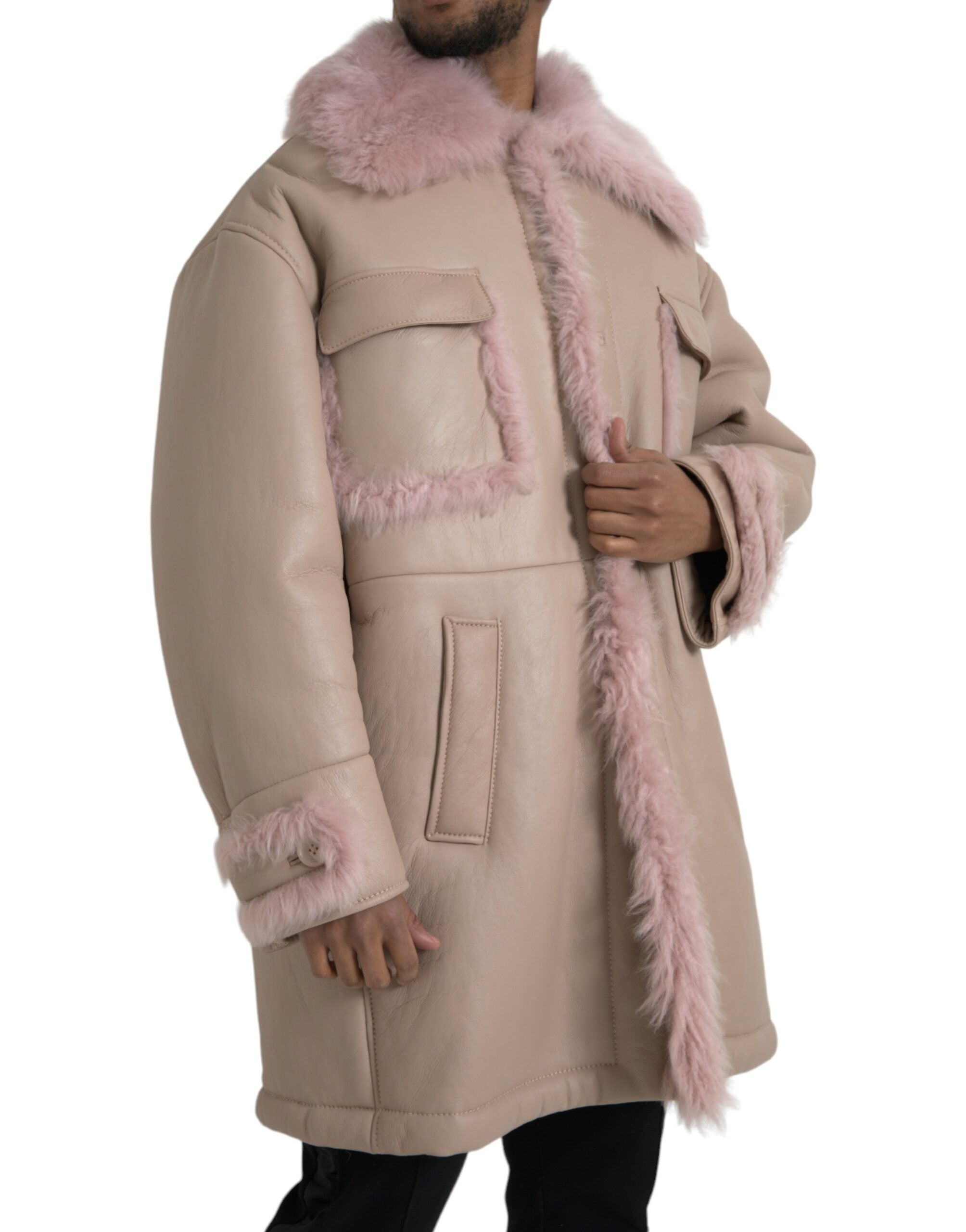 Beige roze lamsleren schapenvachtjas