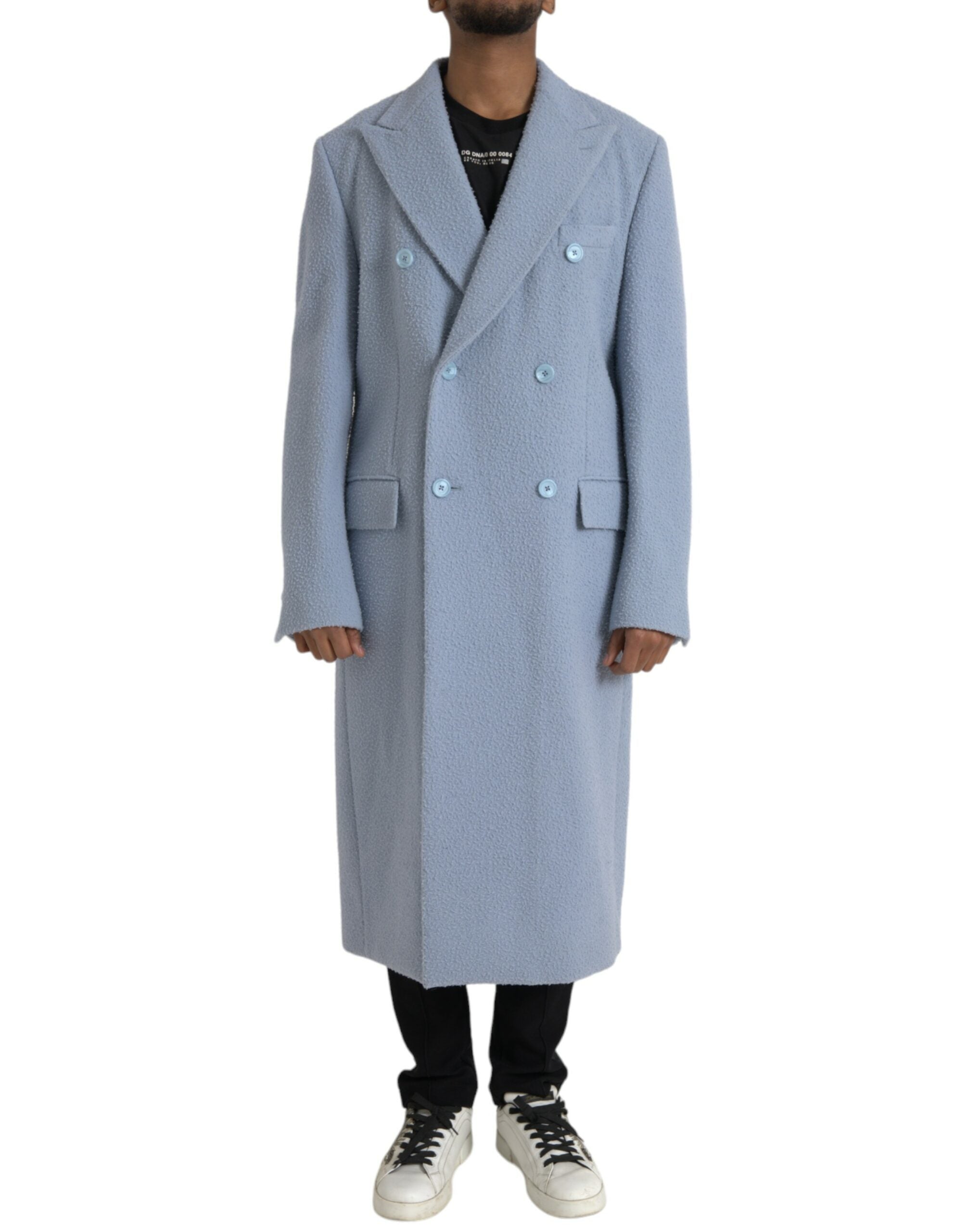 Blauwe dubbele rij knopen lange trenchcoat jas