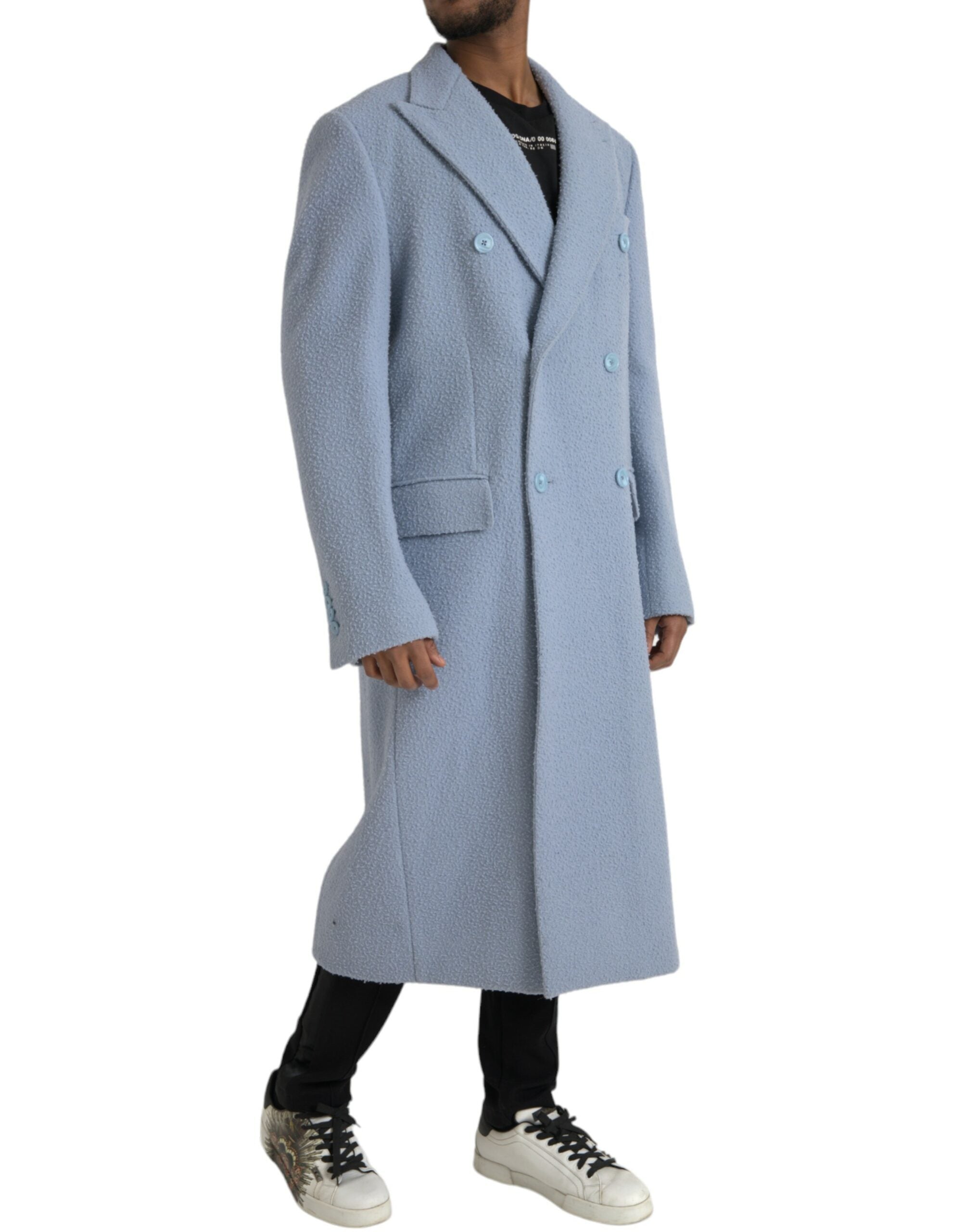 Blauwe dubbele rij knopen lange trenchcoat jas