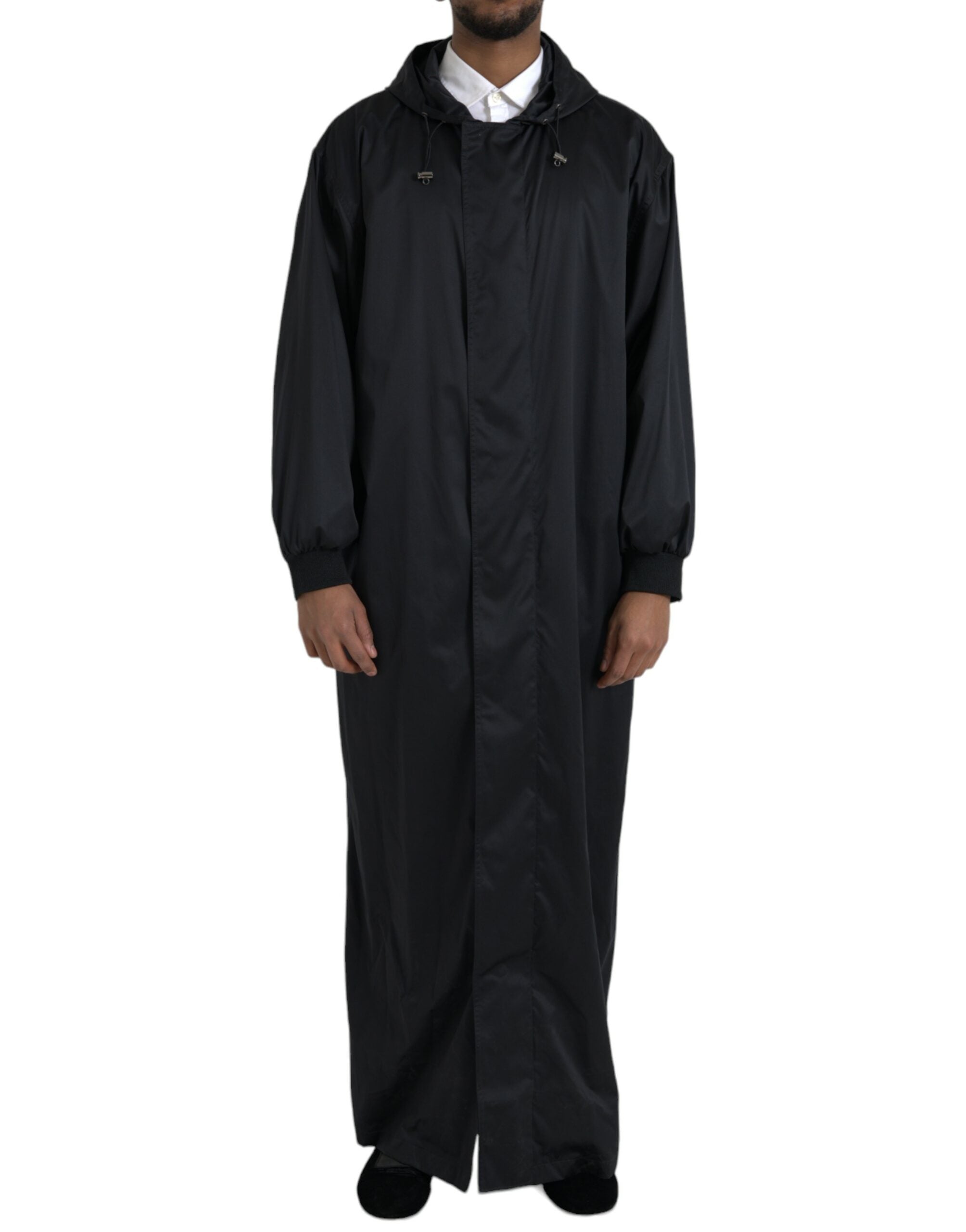 Zwarte polyester lange windjack met capuchon