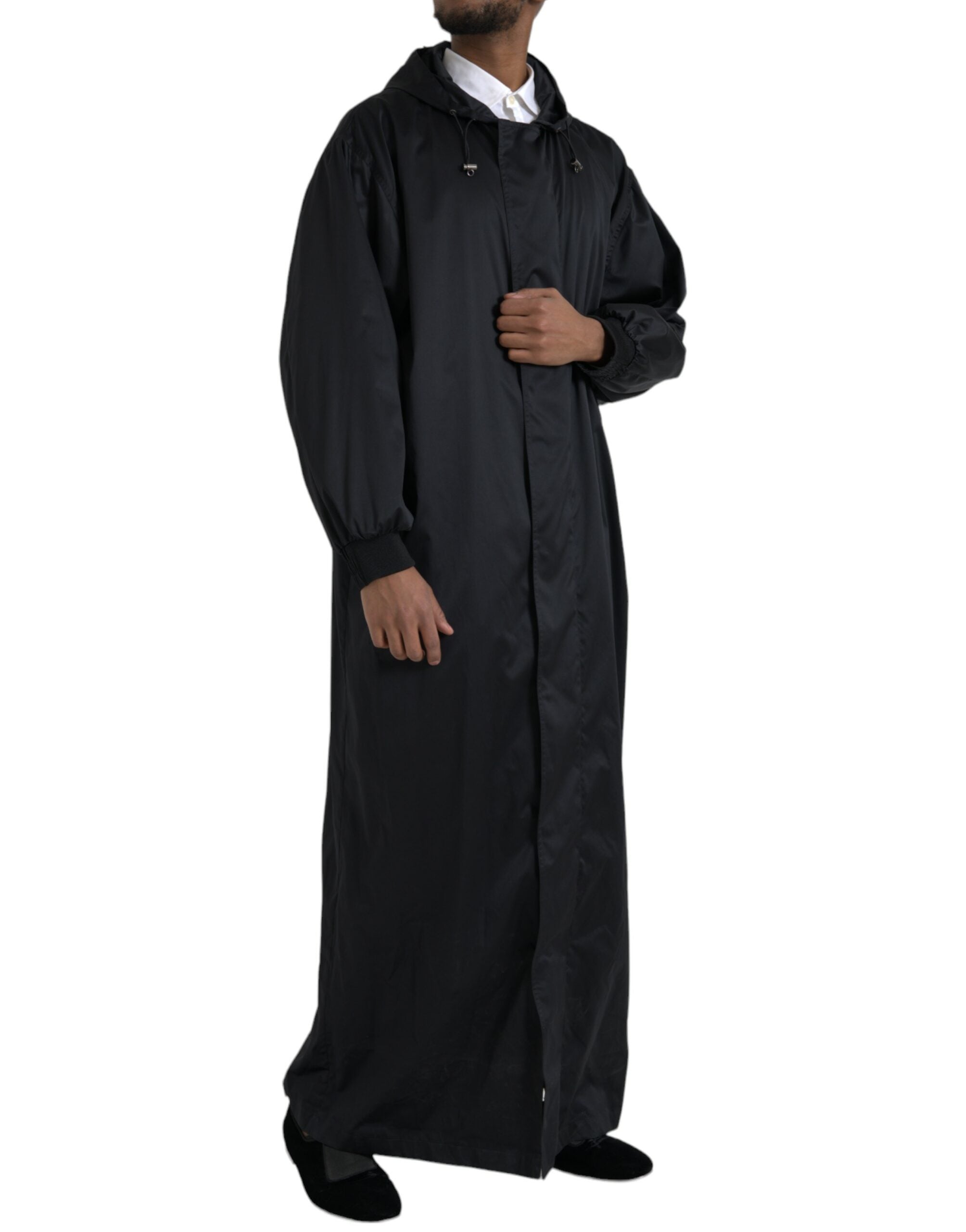 Zwarte polyester lange windjack met capuchon