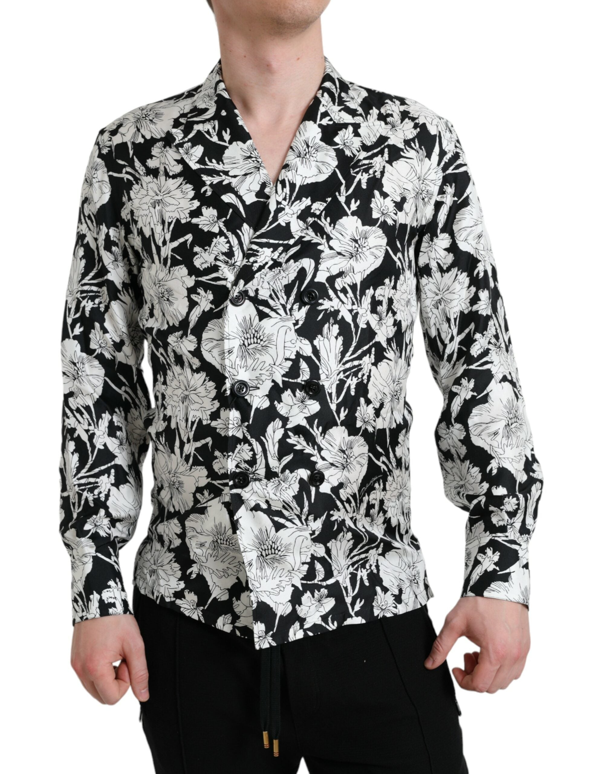 Zwart-wit bloemen casual overhemd met knoopjes