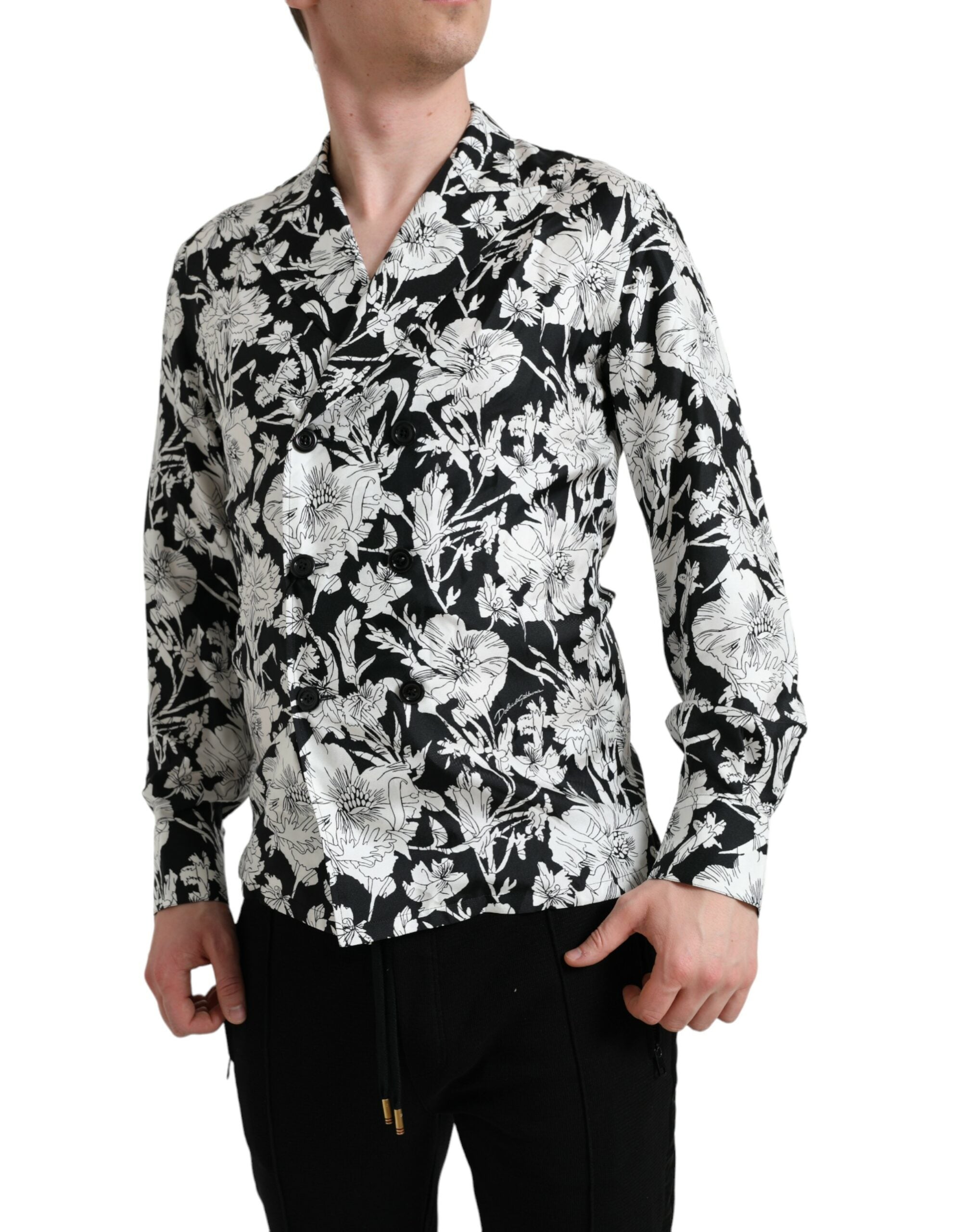 Zwart-wit bloemen casual overhemd met knoopjes