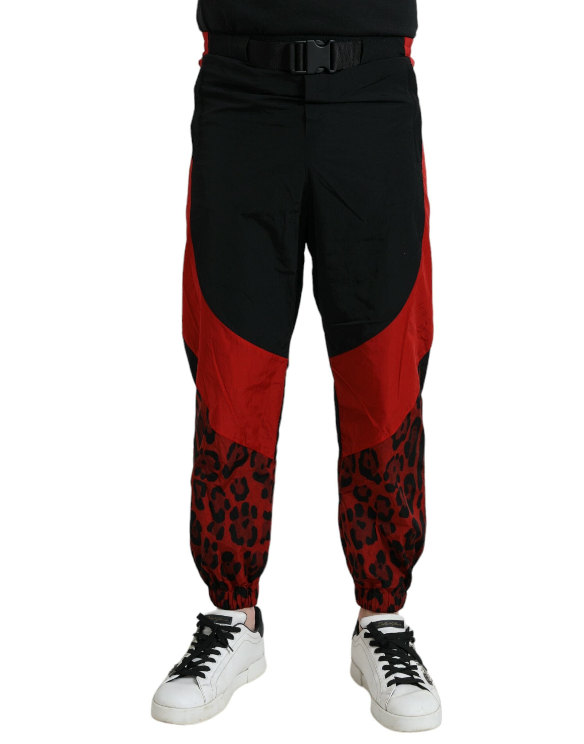 Zwarte rode luipaardprint nylon joggingbroek