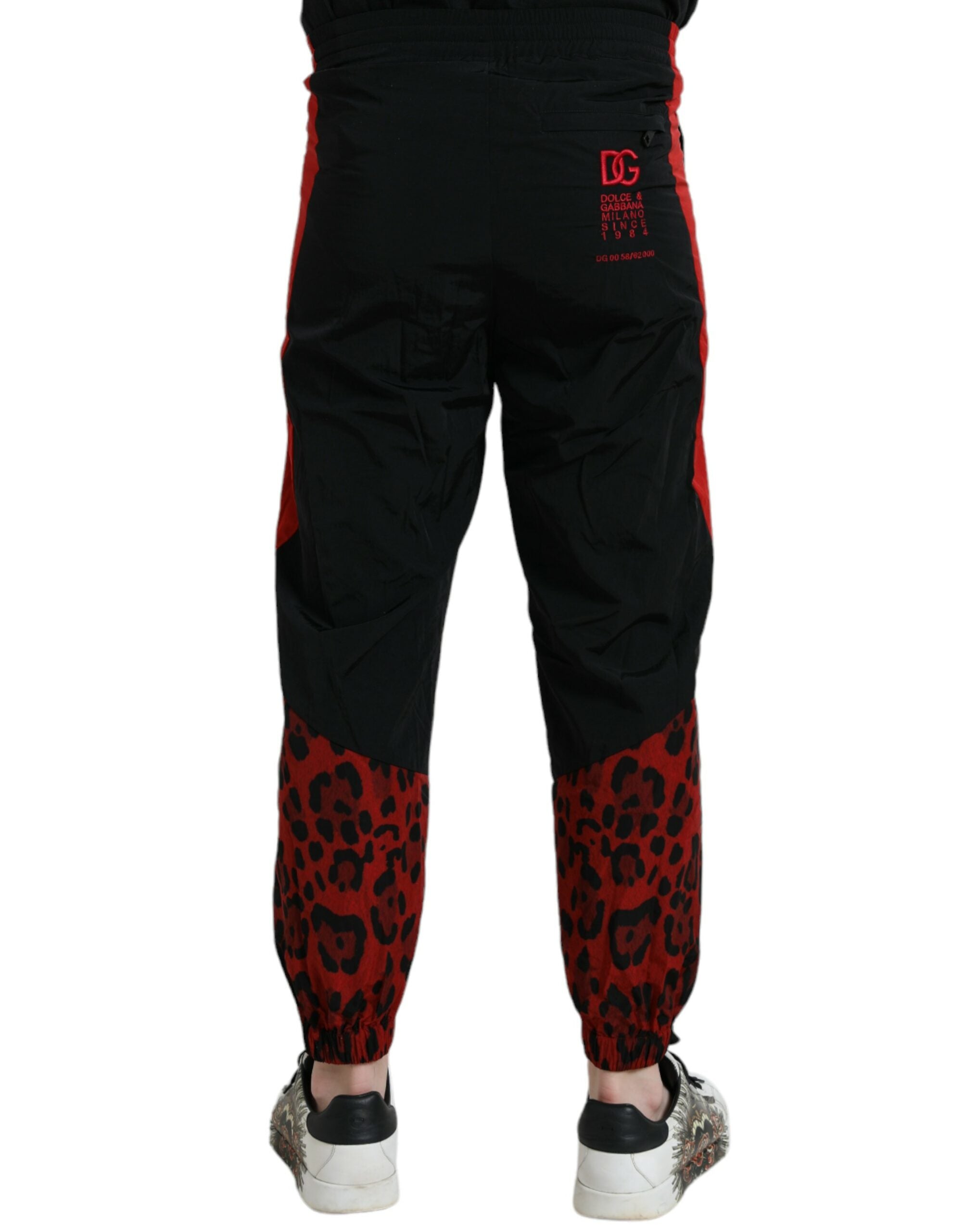Zwarte rode luipaardprint nylon joggingbroek