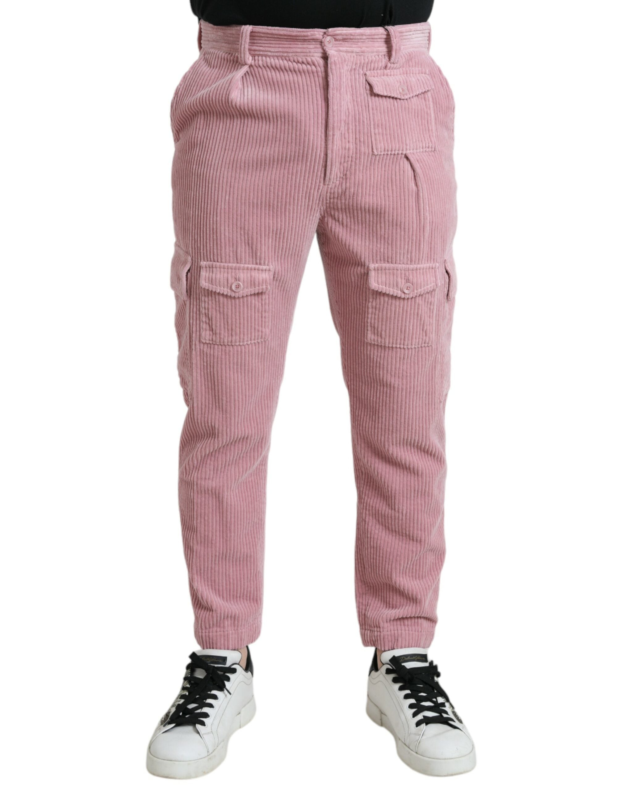 Roze corduroy katoenen stretch skinny cargojeans
