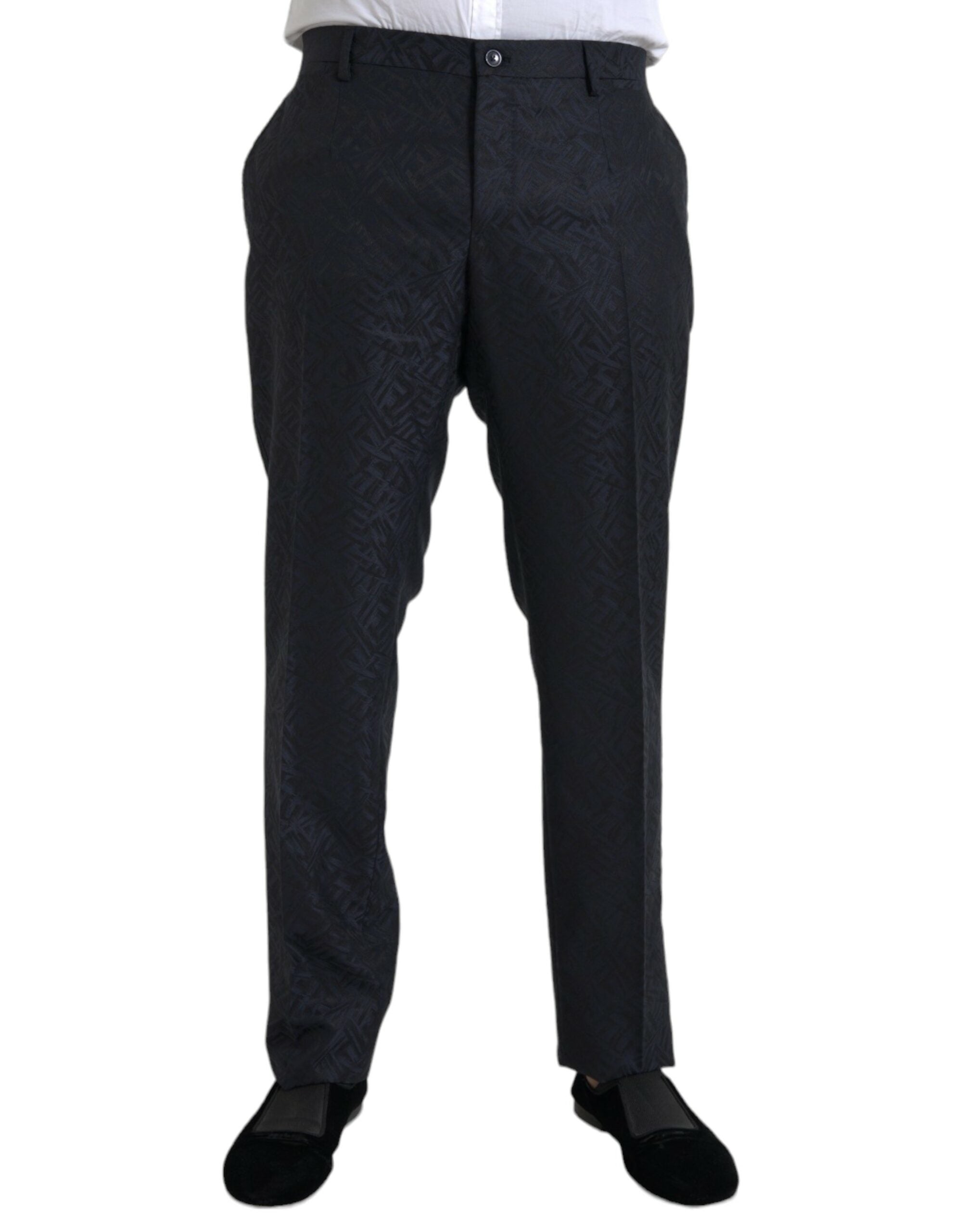 Blauwe Brocade Wool Skinny Heren Broek