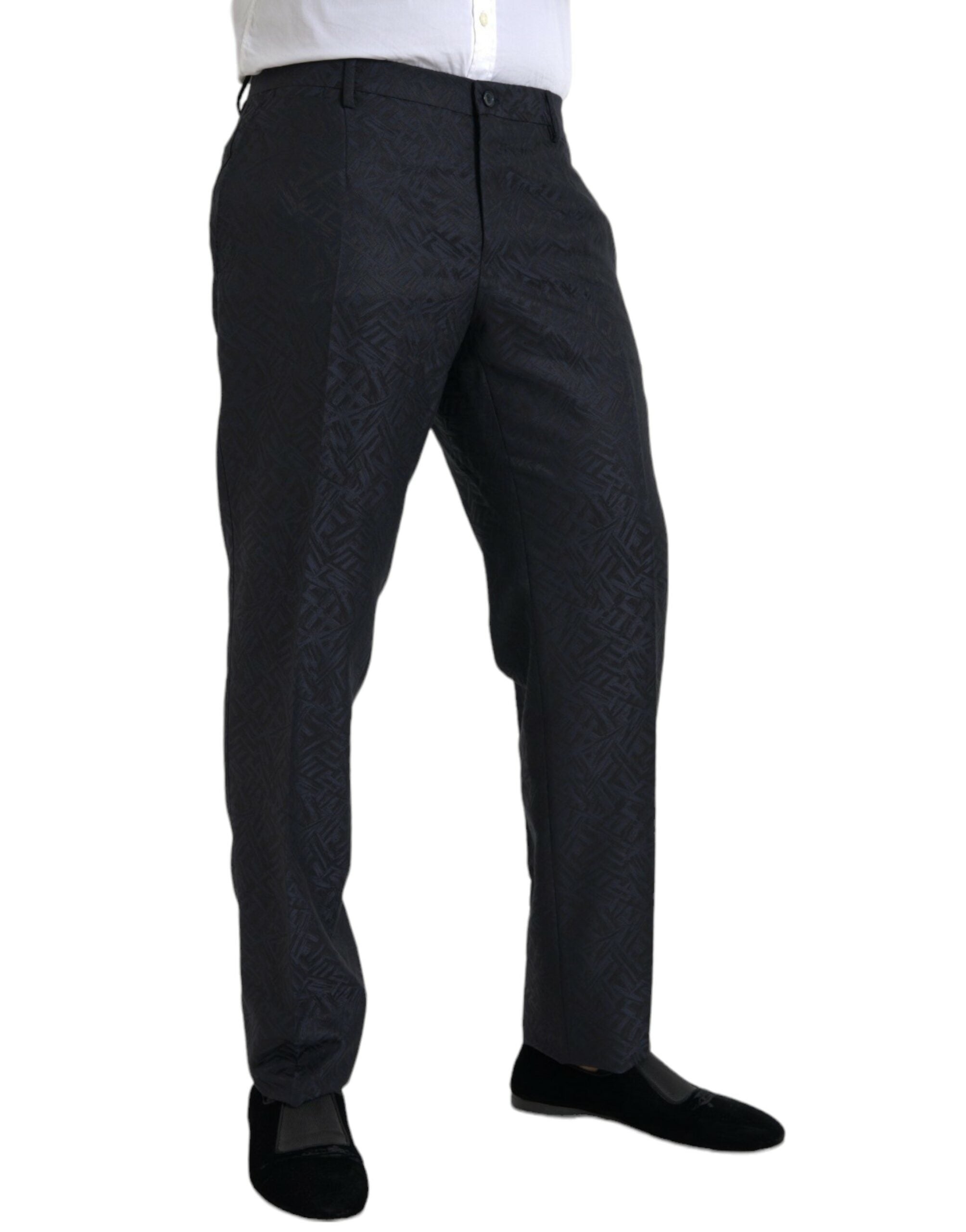 Blauwe Brocade Wool Skinny Heren Broek