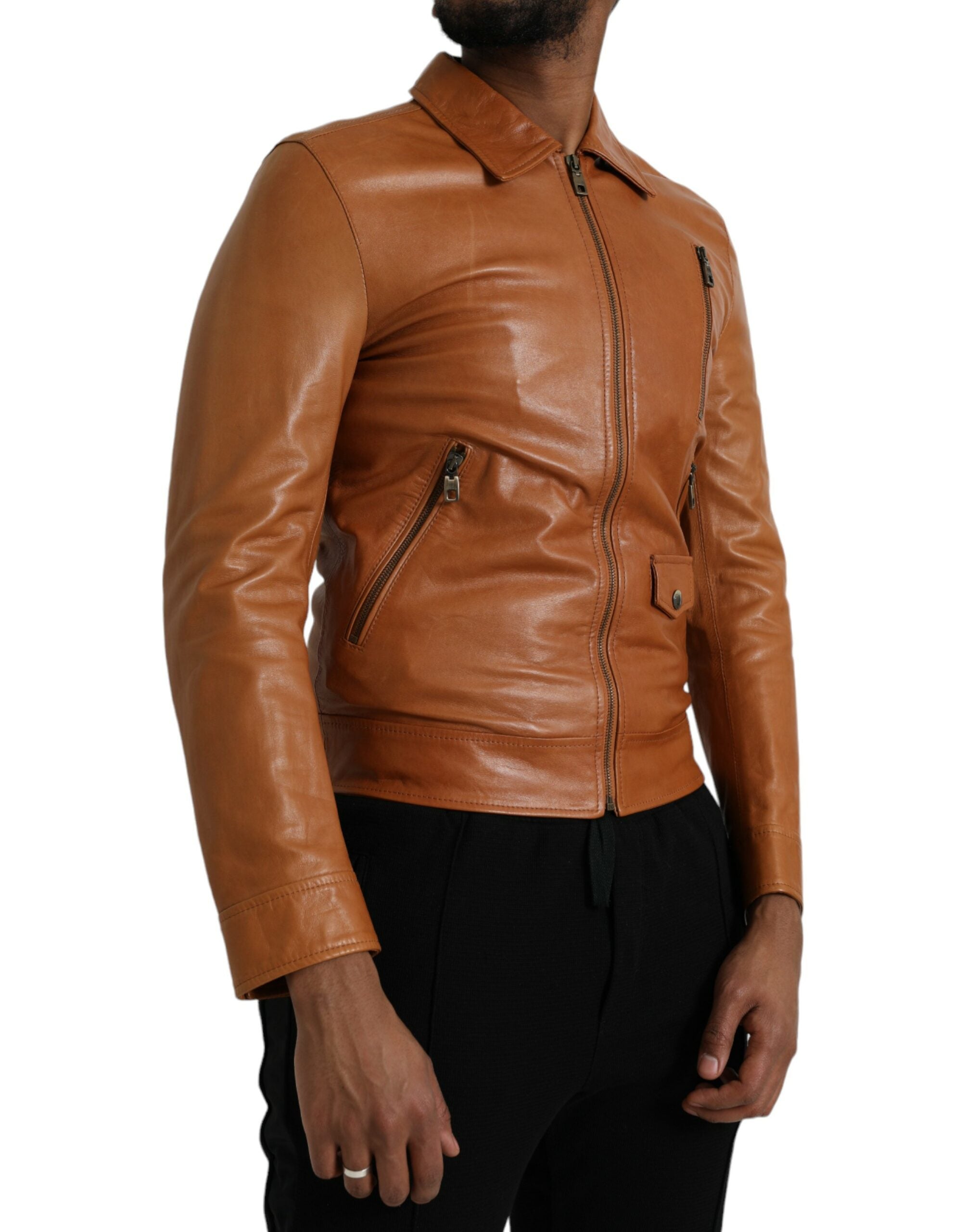 Bruin lamsleren blousonjack met volledige ritssluiting