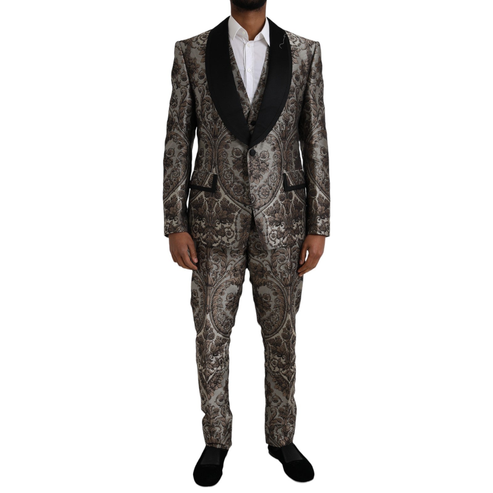 Bruin bloemenjacquard formeel 3-delig pak