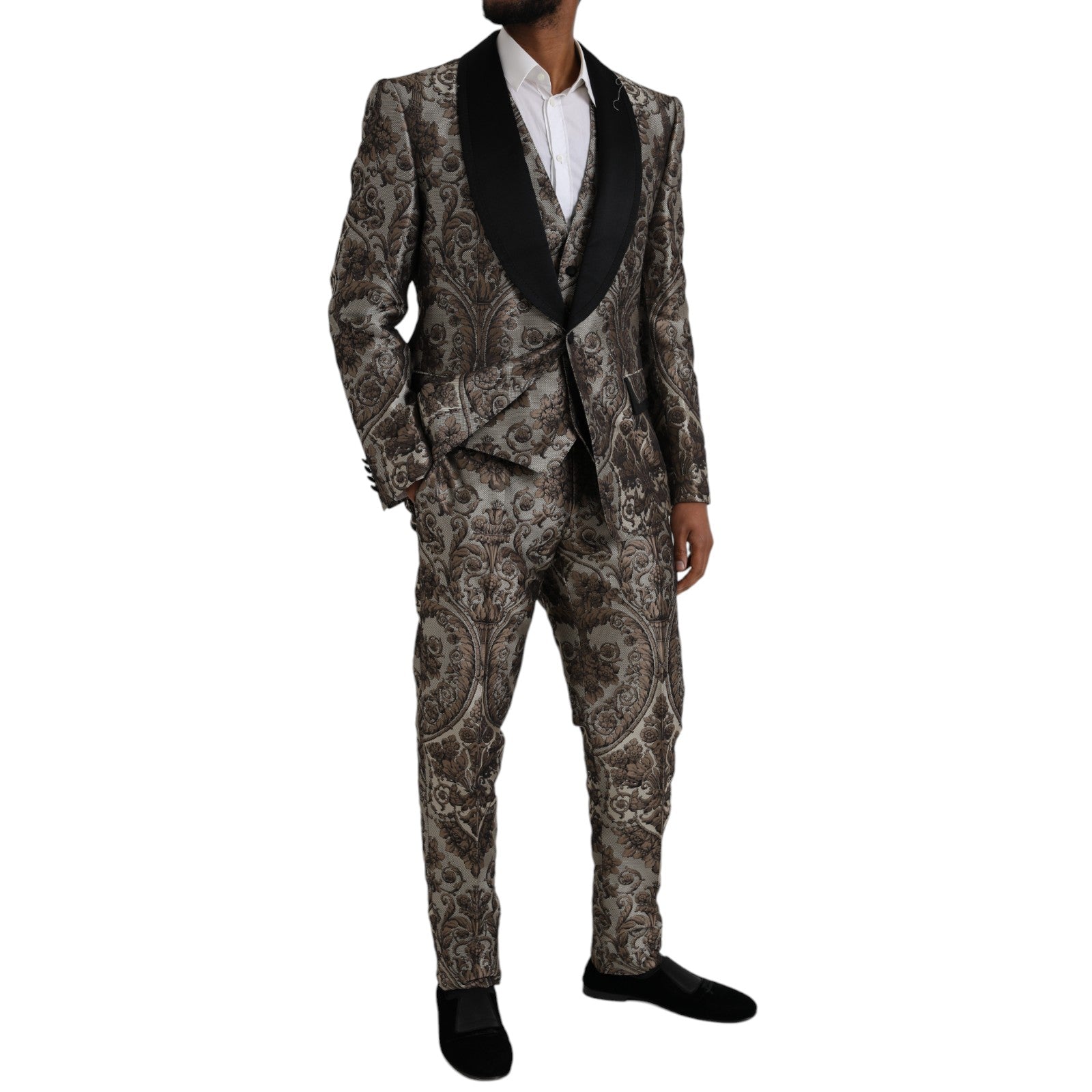 Bruin bloemenjacquard formeel 3-delig pak