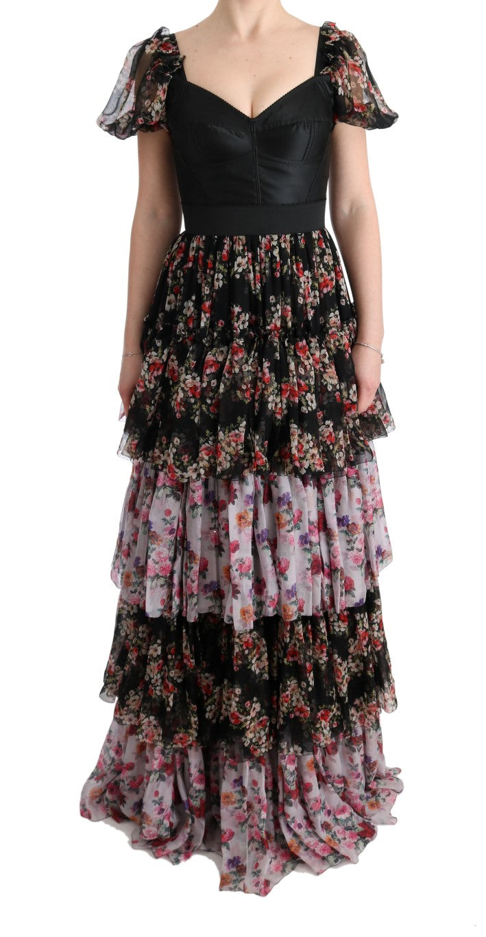 Multicolor zijden stretch bloemen shift lange jurk