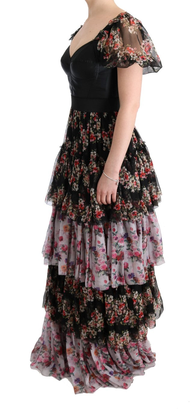 Multicolor zijden stretch bloemen shift lange jurk