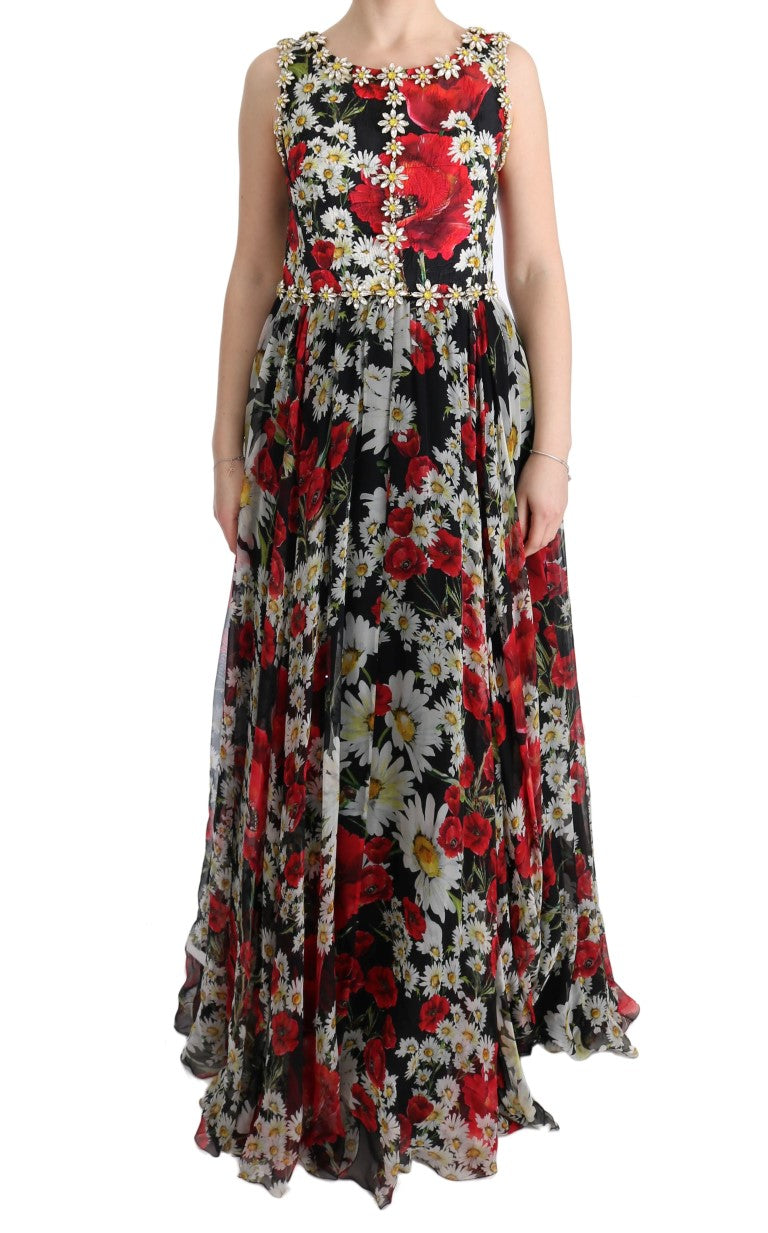 Multicolor zijden bloemenkristallen lange maxi-jurk
