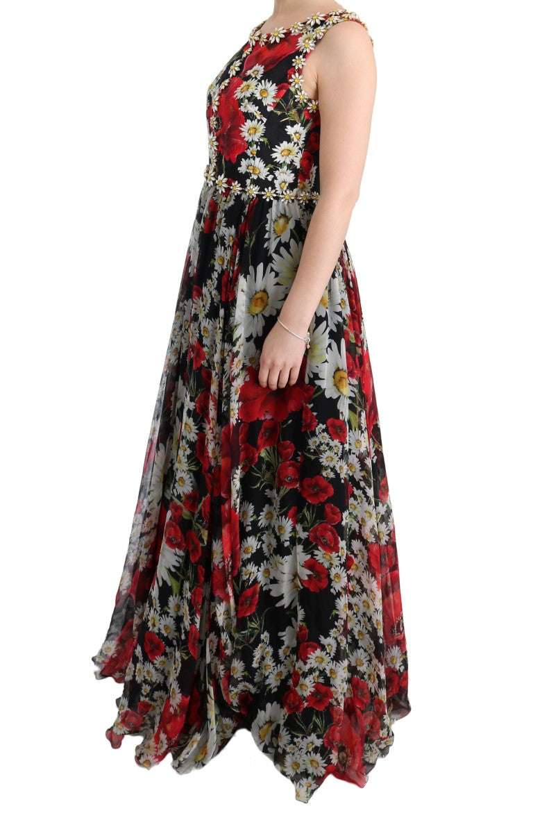 Multicolor zijden bloemenkristallen lange maxi-jurk