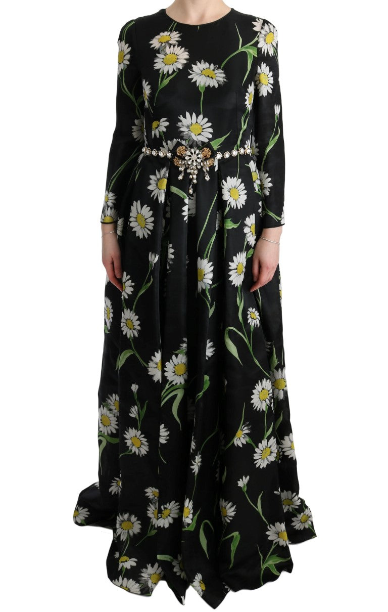 Multicolor zijden zonnebloemprint lange maxi-jurk