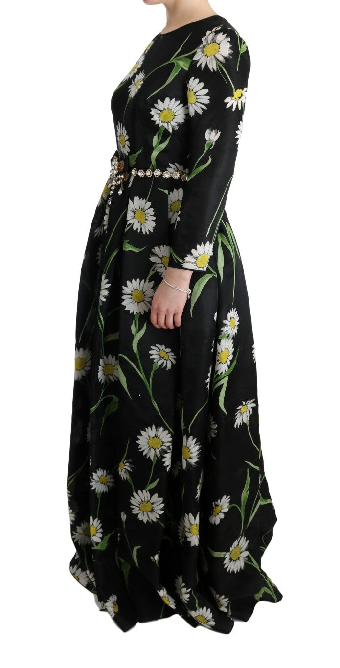 Multicolor zijden zonnebloemprint lange maxi-jurk