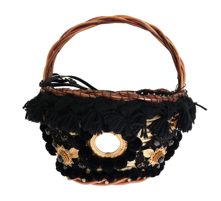 Beige stro slangenhuid pompon kristal AGNESE tas