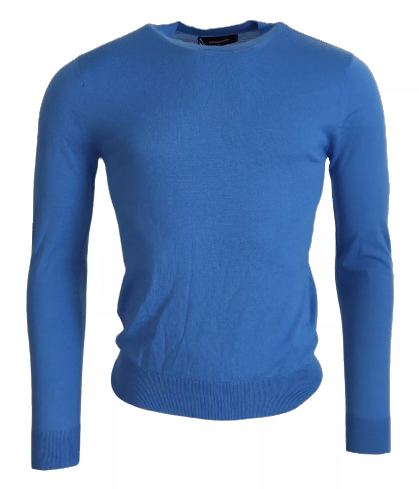 Blauwe wollen trui met lange mouwen en ronde hals