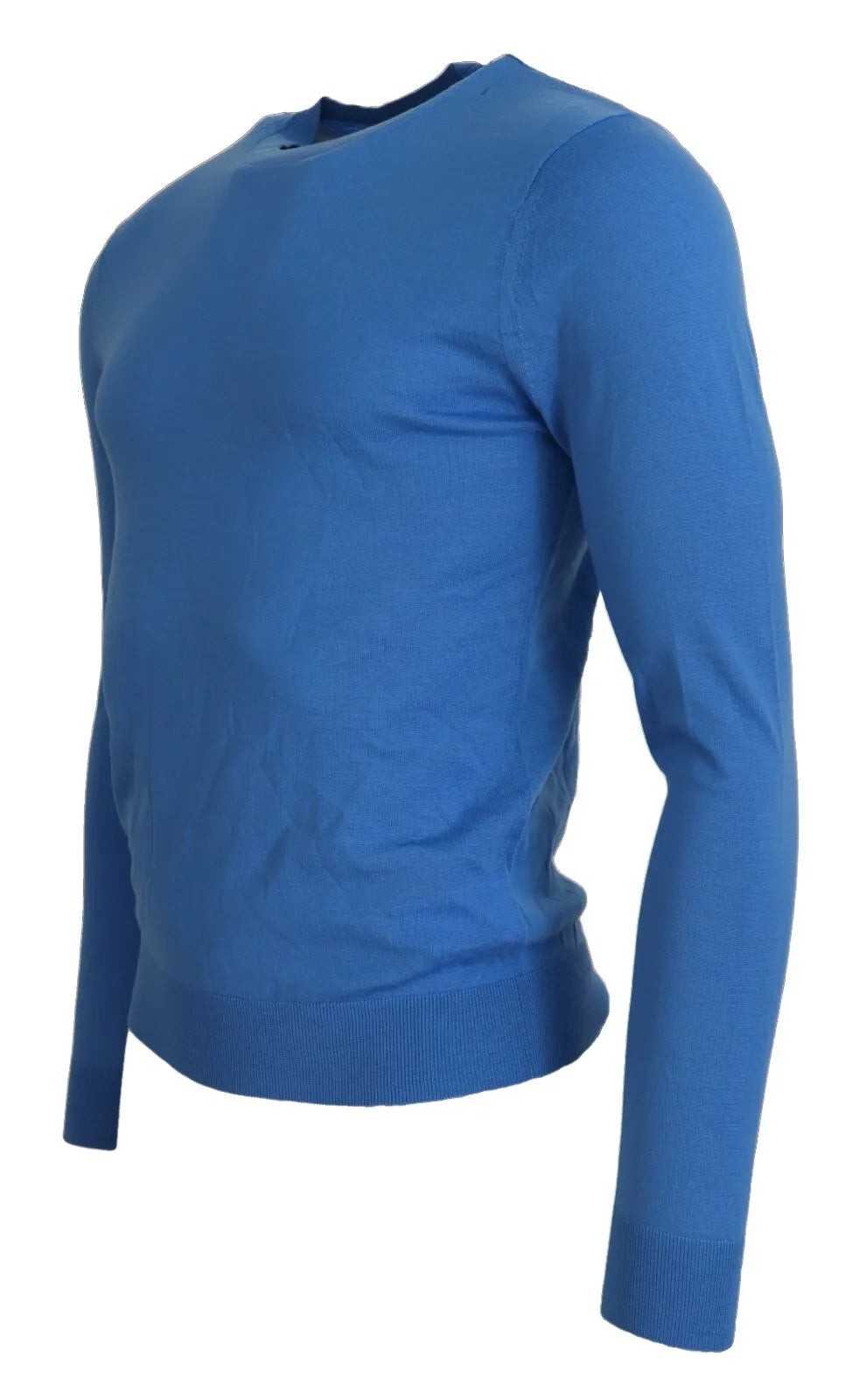 Blauwe wollen trui met lange mouwen en ronde hals