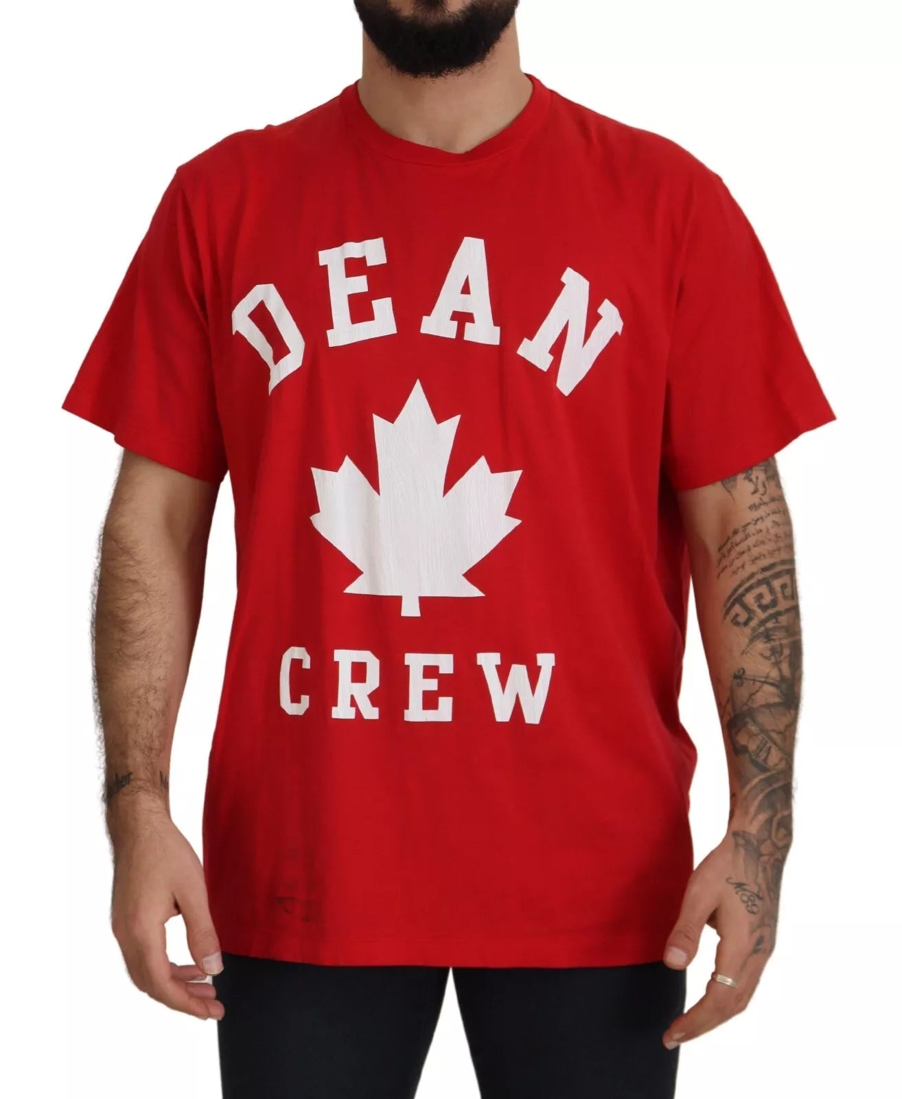 Rood bedrukt katoenen T-shirt met korte mouwen en ronde hals