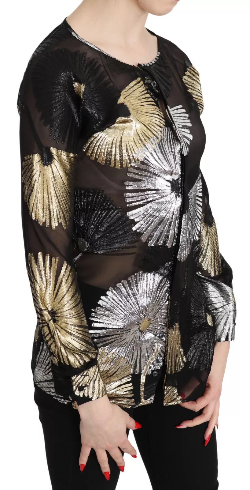 Goudkleurige, doorschijnende zijden jacquard blouse
