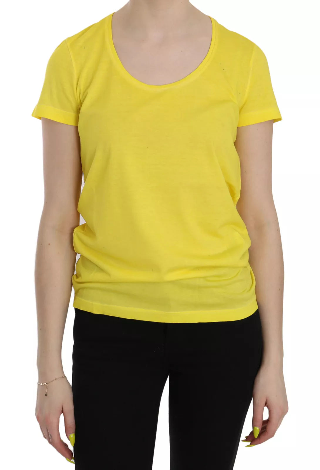 Geel ronde hals shirt met korte mouwen en topblouse