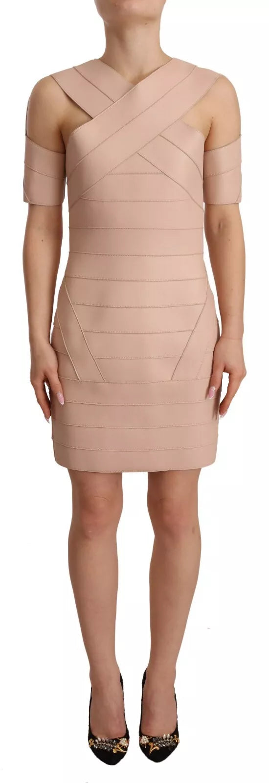 Beige leren open schouder mantel mini-jurk